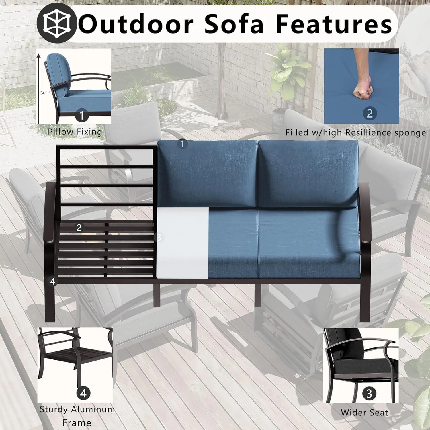 Patio Furniture Set 10 Seats Aluminum Armrest Sofa, Modern Outdoor Living Room Set with 55000 BTU Propane Aluminum Fireplace, Outdoor Rotary Joystick with Thick Cushion