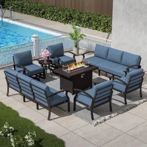 Patio Furniture Set 10 Seats Aluminum Armrest Sofa, Modern Outdoor Living Room Set with 55000 BTU Propane Aluminum Fireplace, Outdoor Rotary Joystick with Thick Cushion