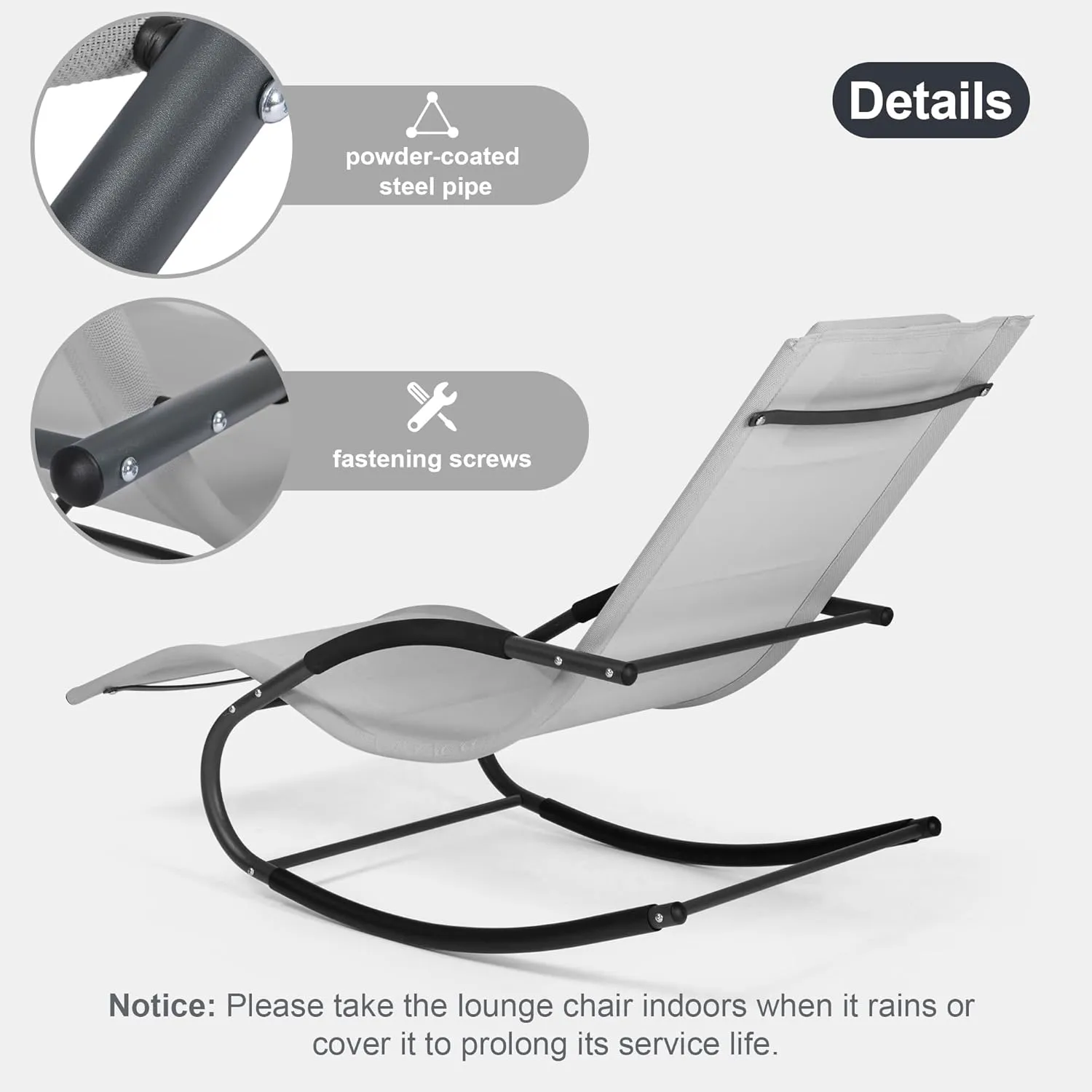Patio Lounge Chair with Detachable Pillow, Chaise Lounge Chair for Outside Pool, Light Grey