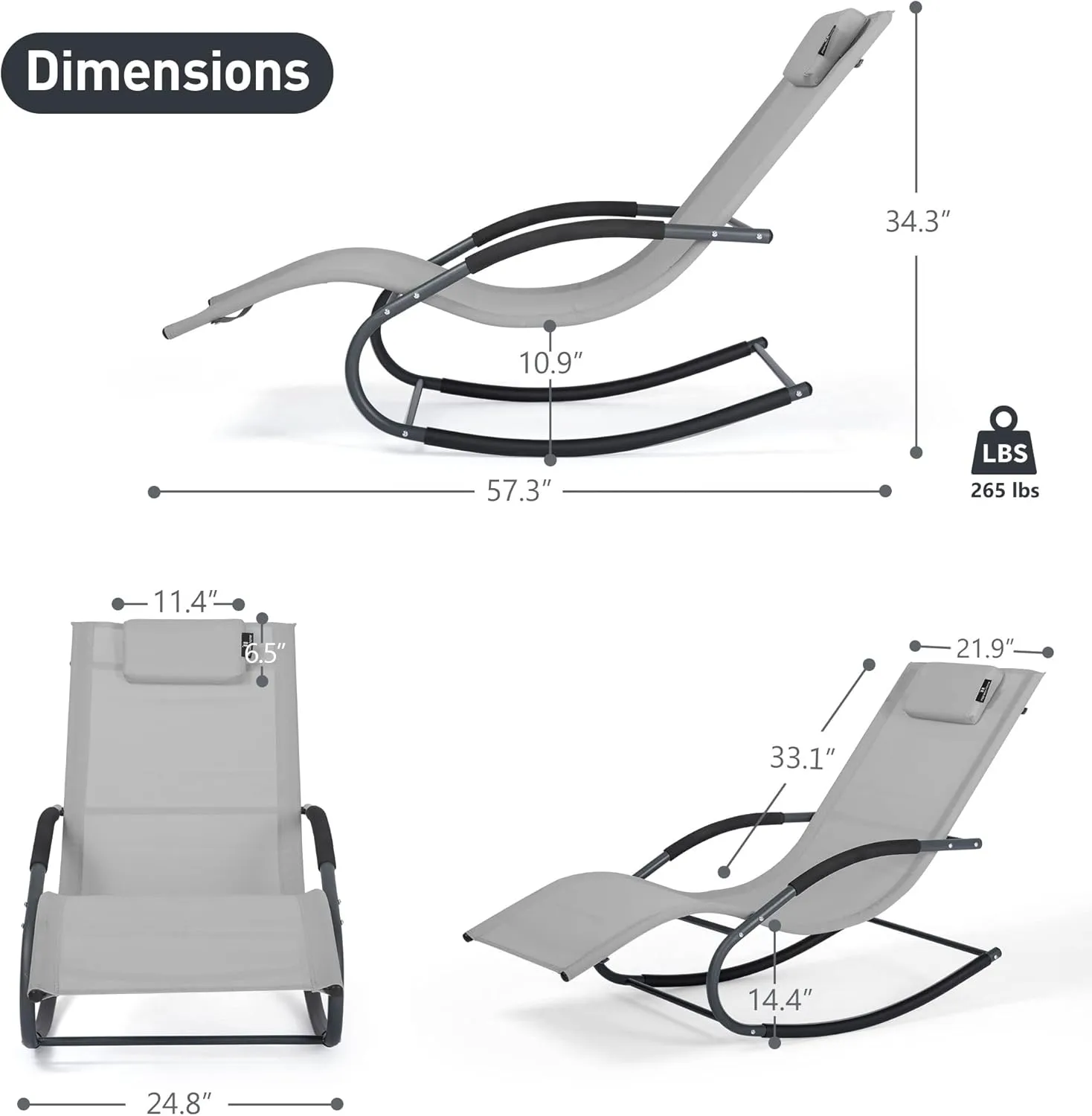 Patio Lounge Chair with Detachable Pillow, Chaise Lounge Chair for Outside Pool, Light Grey