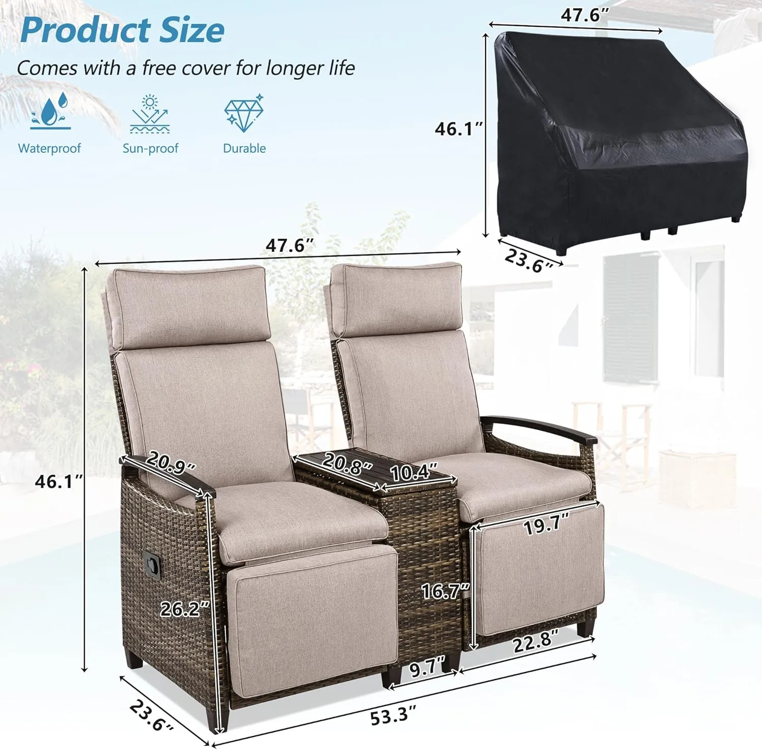 Patio Recliner Loveseat Chair,Adjustable Backrest Wicker Lounge Sofa Set with Acacia Wood Armrests and Built-in Storage Table,Weatherproof Garden & Outdoor Furniture w/Slip-Free Design,Brown