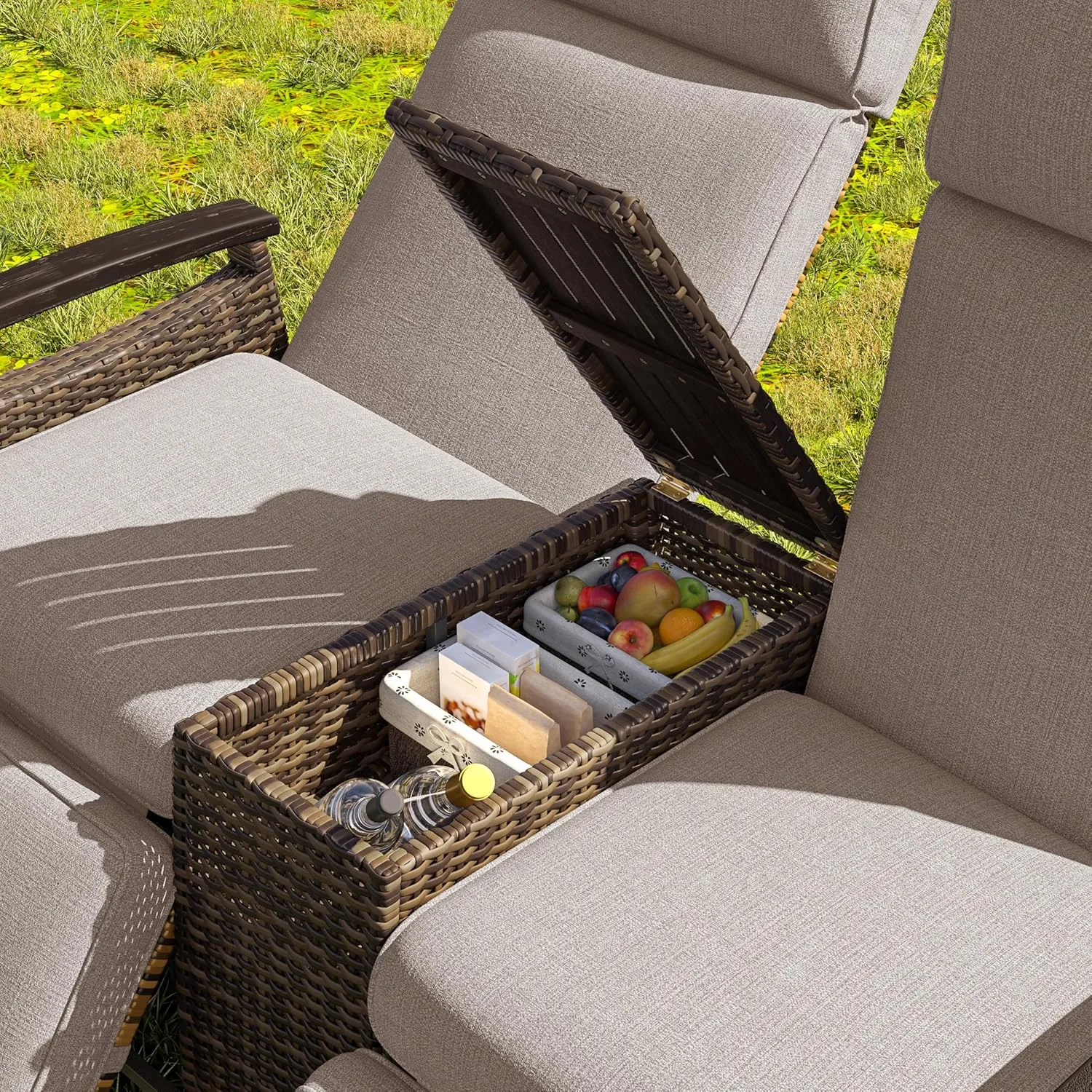 Patio Recliner Loveseat Chair,Adjustable Backrest Wicker Lounge Sofa Set with Acacia Wood Armrests and Built-in Storage Table,Weatherproof Garden & Outdoor Furniture w/Slip-Free Design,Brown
