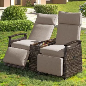 Patio Recliner Loveseat Chair,Adjustable Backrest Wicker Lounge Sofa Set with Acacia Wood Armrests and Built-in Storage Table,Weatherproof Garden & Outdoor Furniture w/Slip-Free Design,Brown