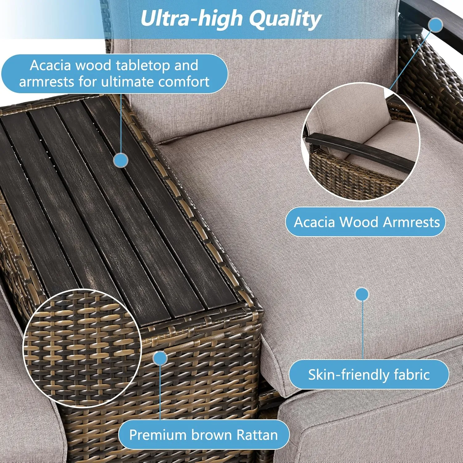 Patio Recliner Loveseat Chair,Adjustable Backrest Wicker Lounge Sofa Set with Acacia Wood Armrests and Built-in Storage Table,Weatherproof Garden & Outdoor Furniture w/Slip-Free Design,Brown