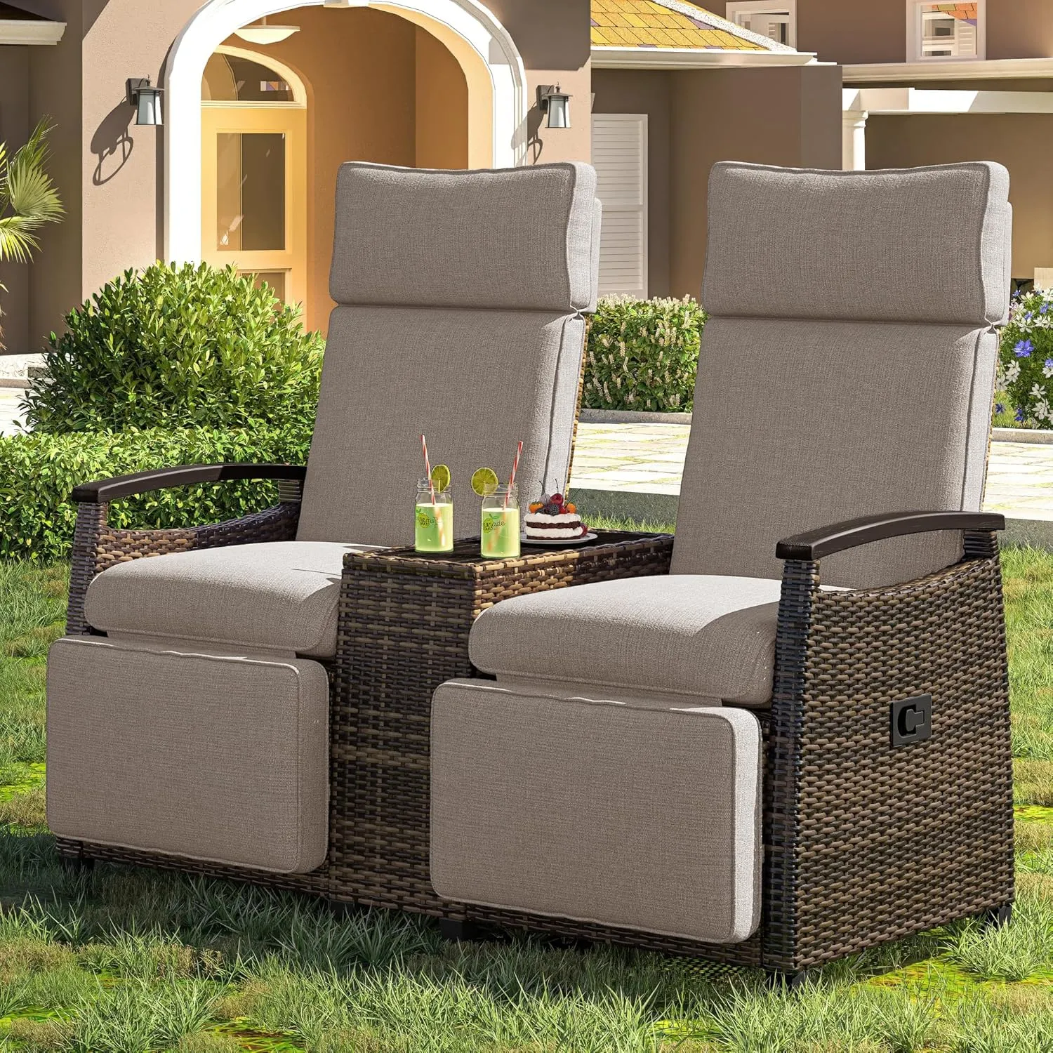 Patio Recliner Loveseat Chair,Adjustable Backrest Wicker Lounge Sofa Set with Acacia Wood Armrests and Built-in Storage Table,Weatherproof Garden & Outdoor Furniture w/Slip-Free Design,Brown