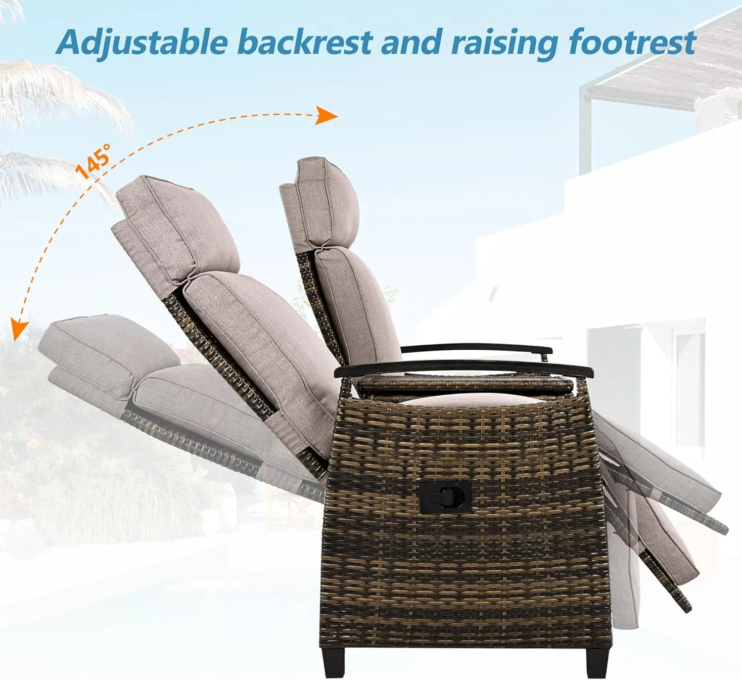 Patio Recliner Loveseat Chair,Adjustable Backrest Wicker Lounge Sofa Set with Acacia Wood Armrests and Built-in Storage Table,Weatherproof Garden & Outdoor Furniture w/Slip-Free Design,Brown