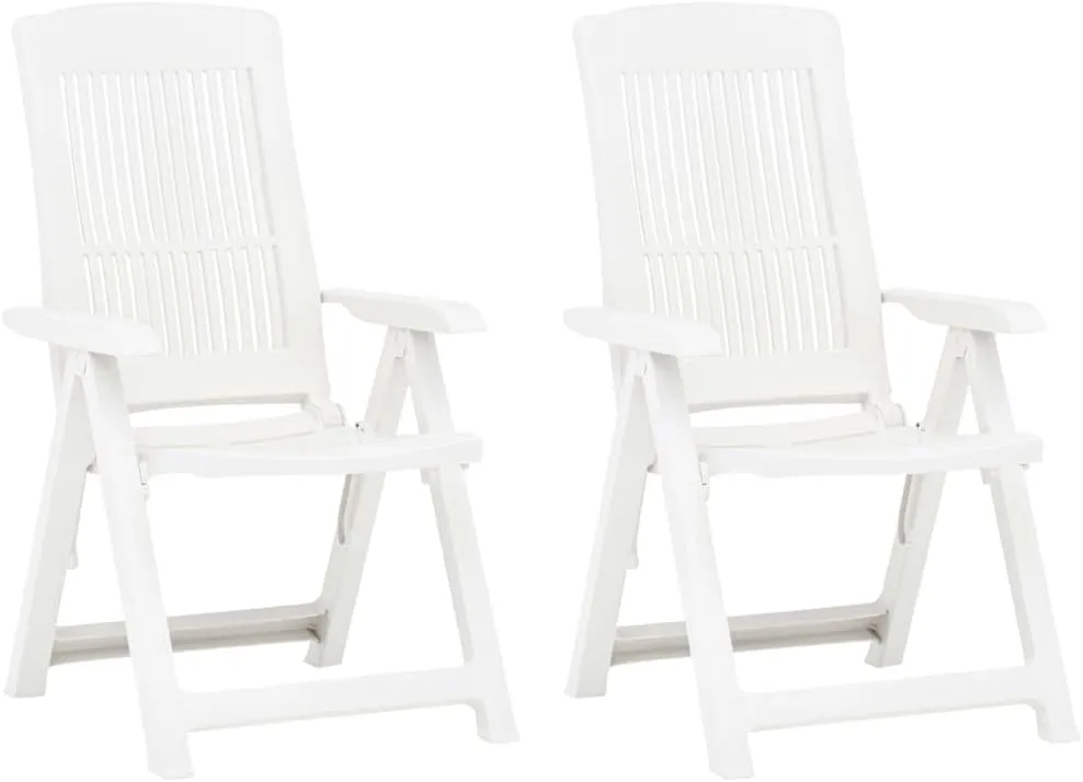 Patio Reclining Chairs 2 Pcs White Plastic Lounge Chair Foldable Outdoor Furniture Adjustable Backrest for Patio, Garden, Beach and Poolside