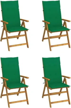 Patio Reclining Chairs Set of 4 with Cushions Adjustable Solid Acacia Wood Lounge Chairs for Outdoor Dining and Relaxing, Foldable Lawn Chairs with Green Cushions
