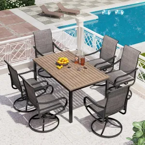 PHI VILLA Patio Dining Set for 6, Padded Textilene Swivel Dining Chairs & Brown Metal Slat Table Top with 1.6" Umbrella Hole, Rustproof Waterproof for All Weather,Outdoor Dining Set for Garden Yard