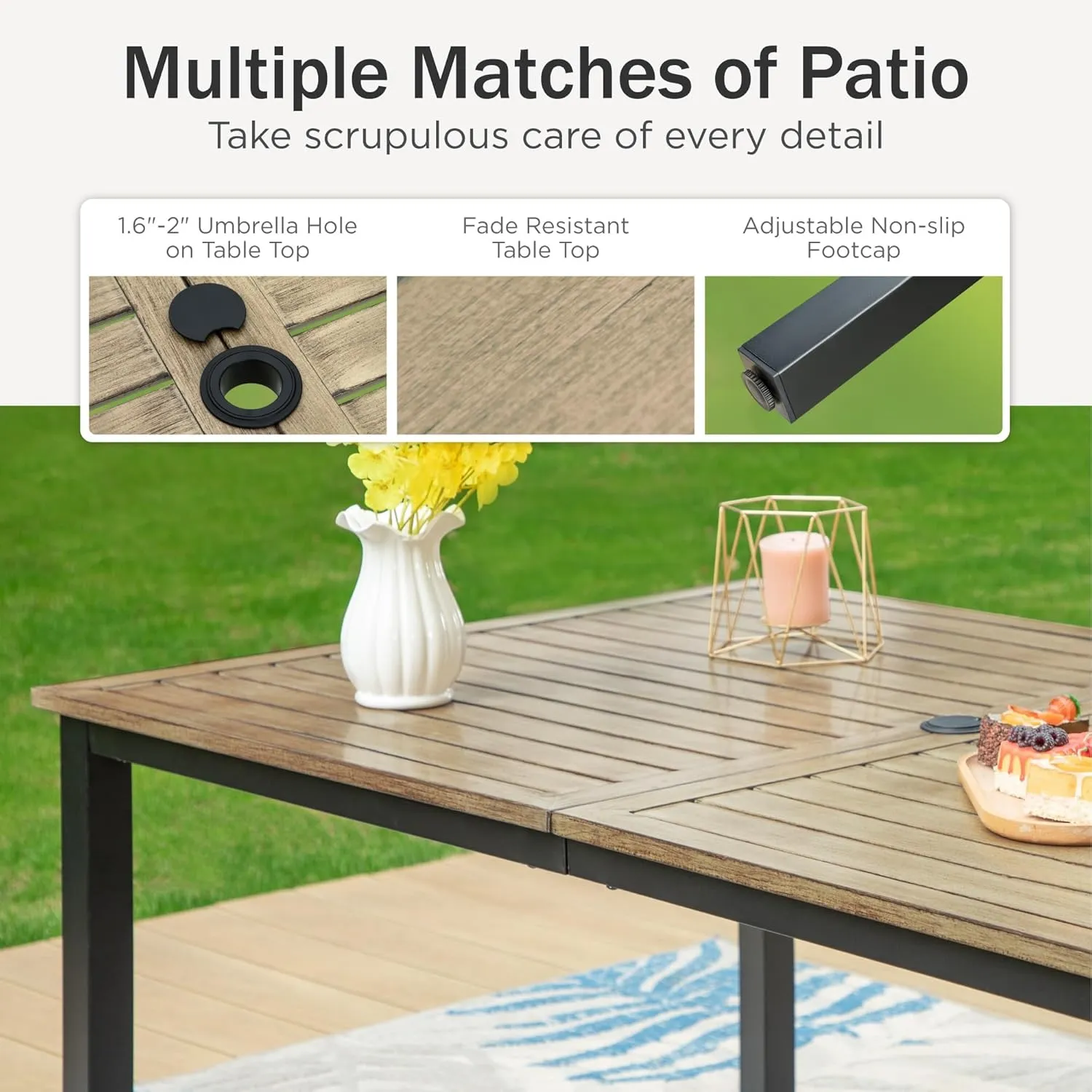 PHI VILLA Patio Dining Set for 6, Padded Textilene Swivel Dining Chairs & Brown Metal Slat Table Top with 1.6" Umbrella Hole, Rustproof Waterproof for All Weather,Outdoor Dining Set for Garden Yard