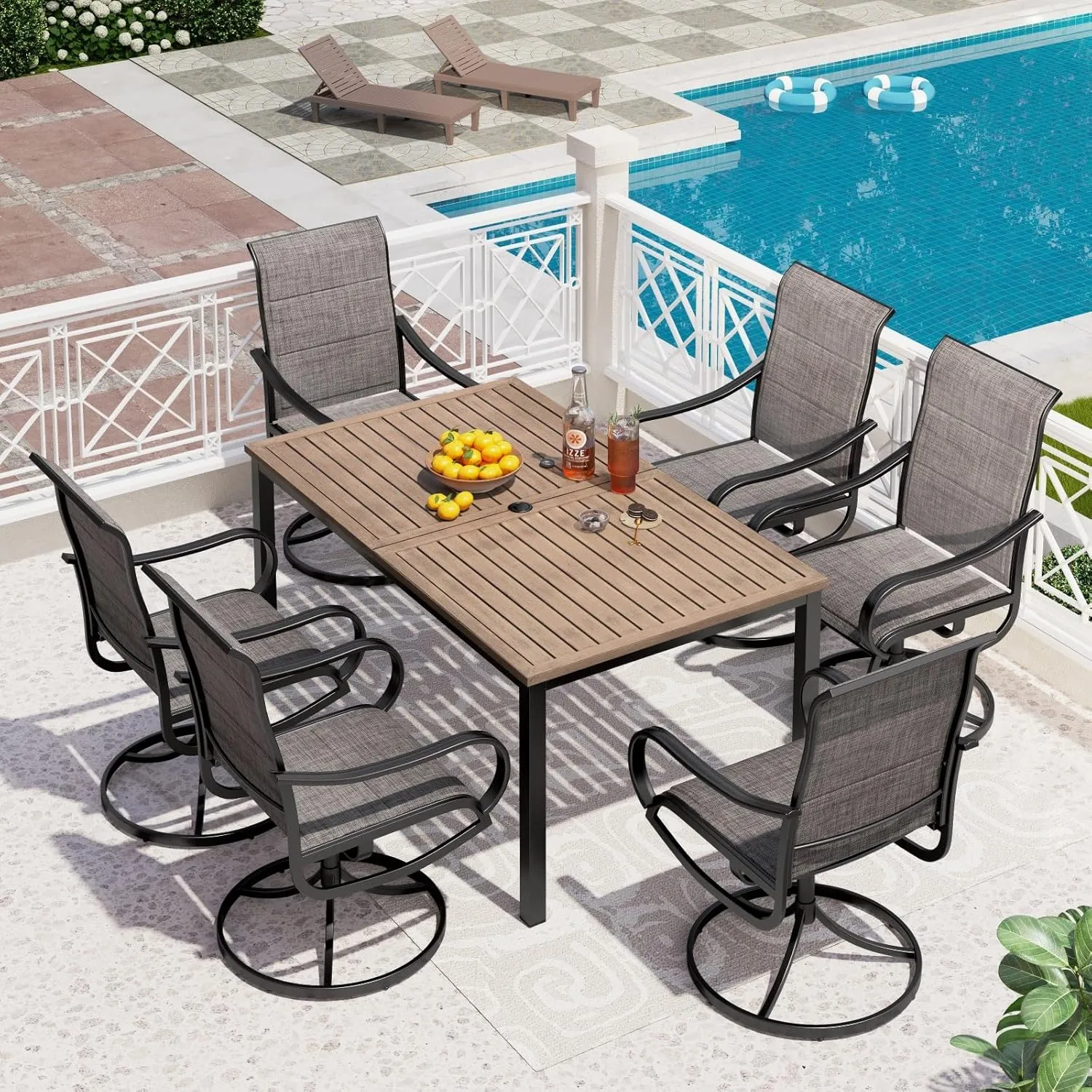 PHI VILLA Patio Dining Set for 6, Padded Textilene Swivel Dining Chairs & Brown Metal Slat Table Top with 1.6" Umbrella Hole, Rustproof Waterproof for All Weather,Outdoor Dining Set for Garden Yard