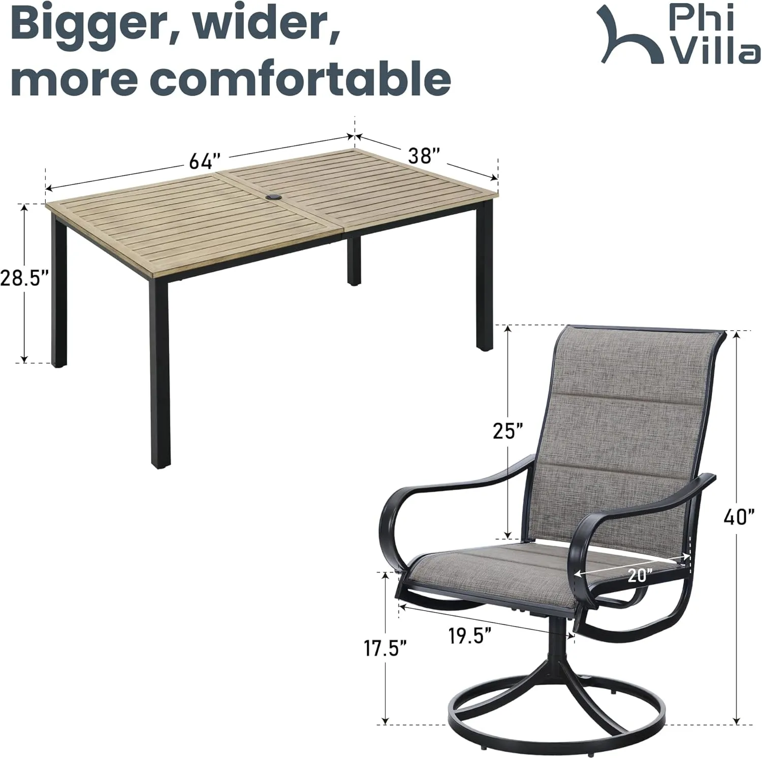 PHI VILLA Patio Dining Set for 6, Padded Textilene Swivel Dining Chairs & Brown Metal Slat Table Top with 1.6" Umbrella Hole, Rustproof Waterproof for All Weather,Outdoor Dining Set for Garden Yard