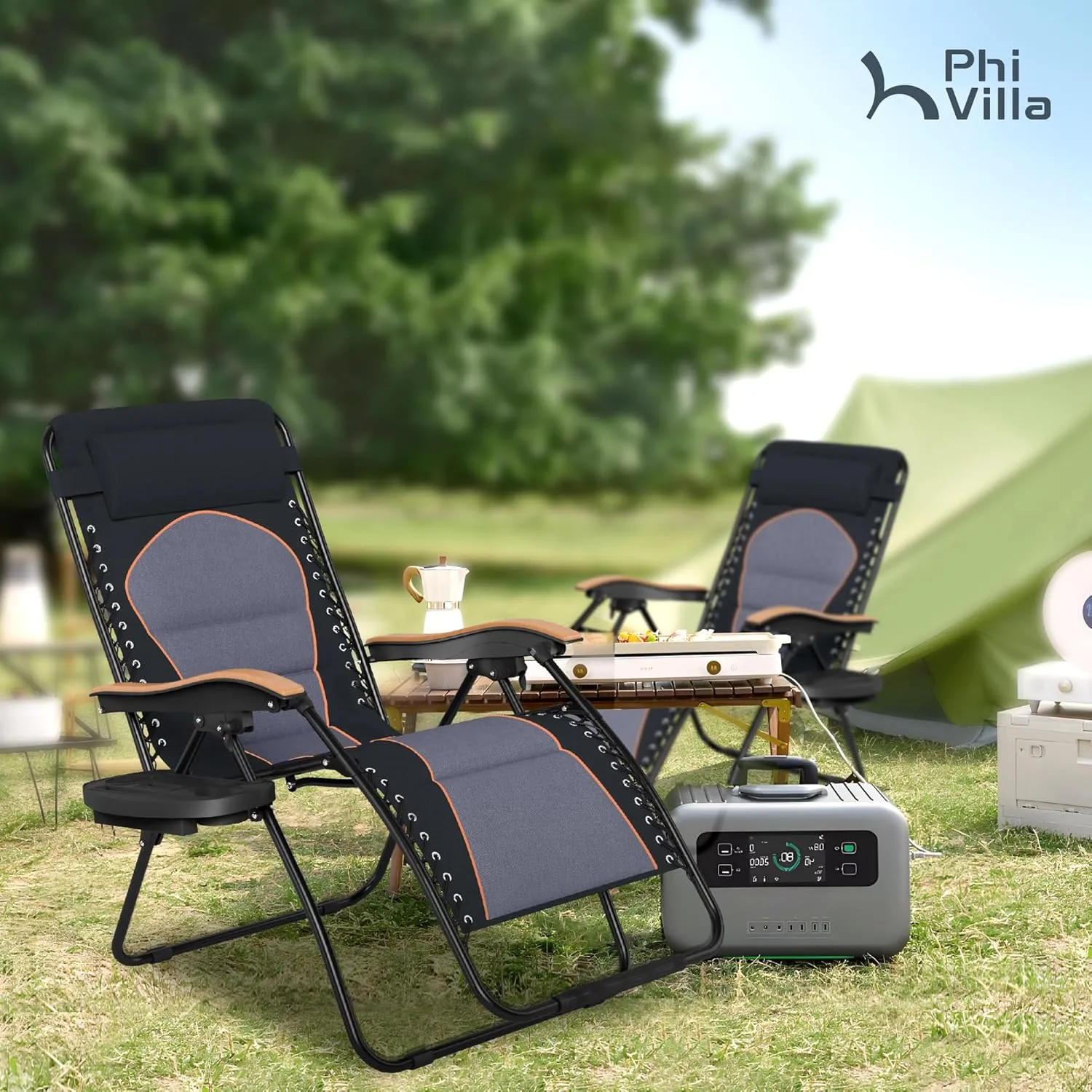 PHI VILLA XXL Oversized Padded Zero Gravity Chair, Foldable Patio Recliner, 30" Wide Seat Anti Gravity Lounger with Cup Holder, Set of 2, Support 400 LBS (Black)