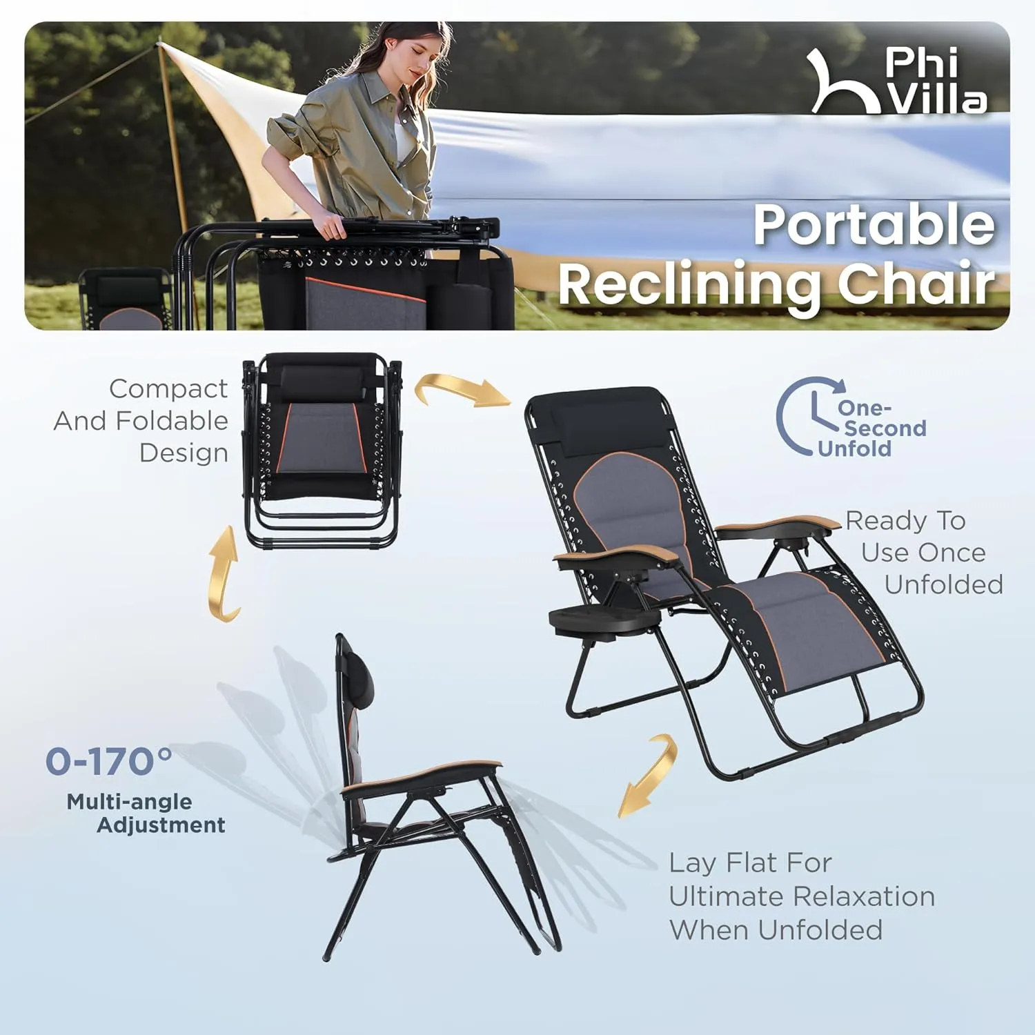 PHI VILLA XXL Oversized Padded Zero Gravity Chair, Foldable Patio Recliner, 30" Wide Seat Anti Gravity Lounger with Cup Holder, Set of 2, Support 400 LBS (Black)