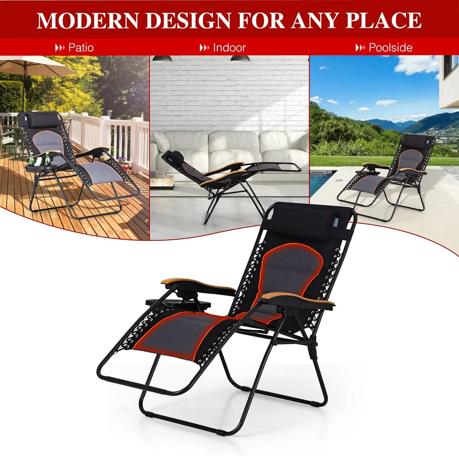 PHI VILLA XXL Oversized Padded Zero Gravity Chair, Foldable Patio Recliner, 30" Wide Seat Anti Gravity Lounger with Cup Holder, Set of 2, Support 400 LBS (Black)