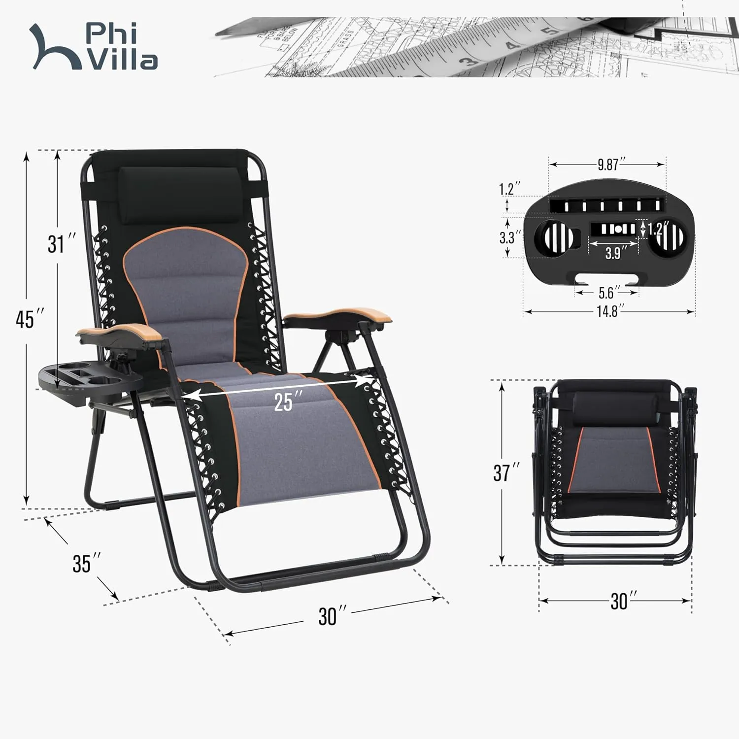 PHI VILLA XXL Oversized Padded Zero Gravity Chair, Foldable Patio Recliner, 30" Wide Seat Anti Gravity Lounger with Cup Holder, Set of 2, Support 400 LBS (Black)
