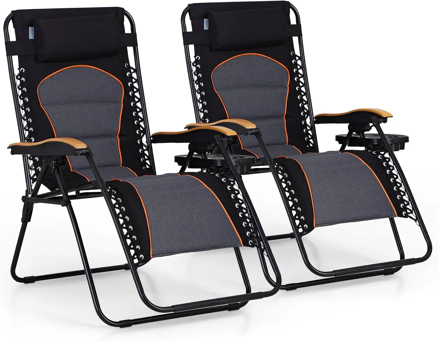 PHI VILLA XXL Oversized Padded Zero Gravity Chair, Foldable Patio Recliner, 30" Wide Seat Anti Gravity Lounger with Cup Holder, Set of 2, Support 400 LBS (Black)
