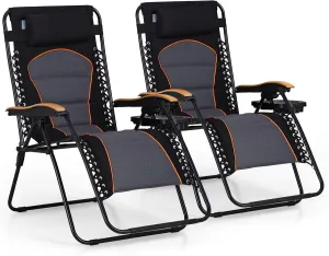 PHI VILLA XXL Oversized Padded Zero Gravity Chair, Foldable Patio Recliner, 30" Wide Seat Anti Gravity Lounger with Cup Holder, Set of 2, Support 400 LBS (Black)