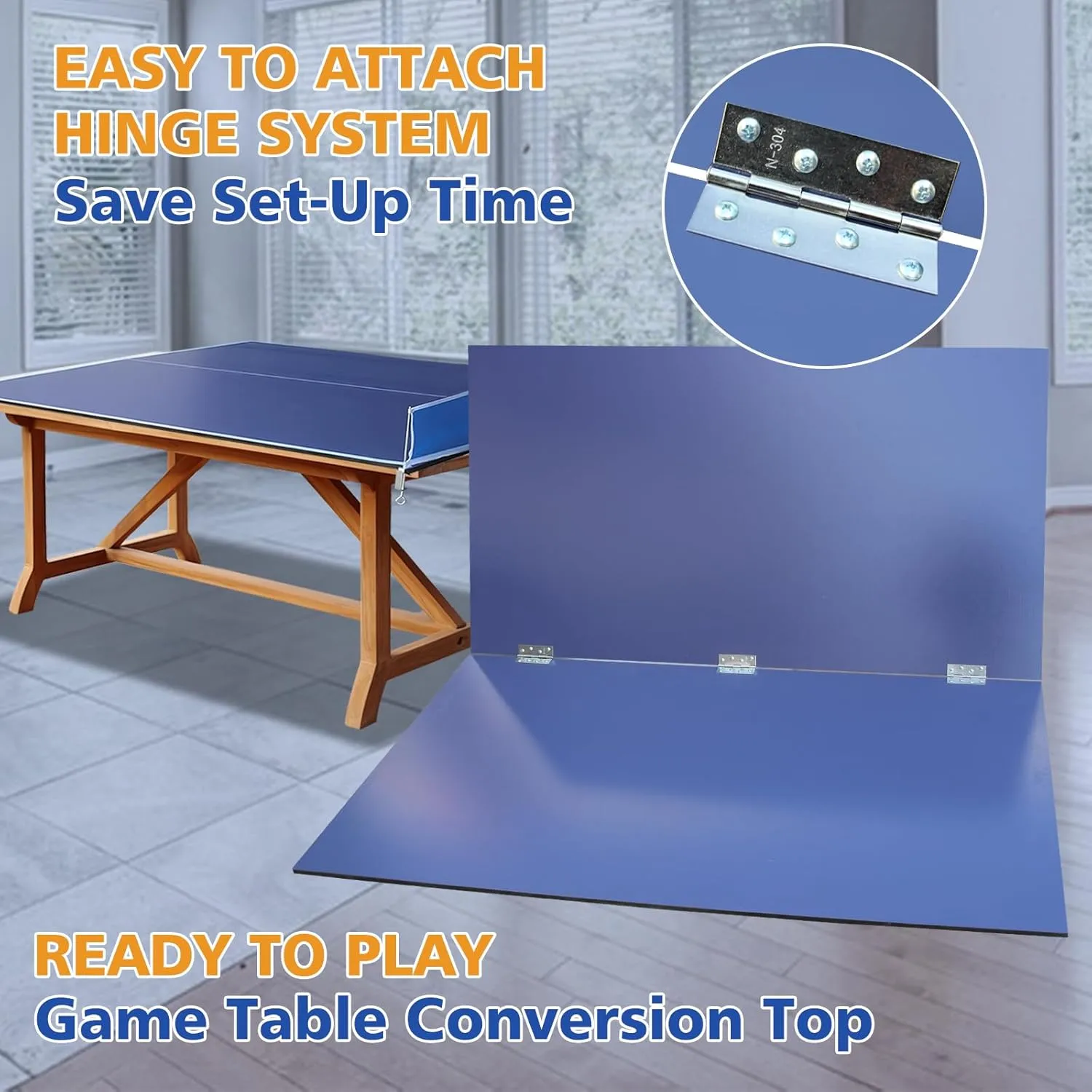 Ping Pong Conversion Top, 8 FT / 9 FT Foldable Table Tennis Topper for Pool & Billiard Tables, 12MM MDF, Compact Storage, Net & Posts Included, Easy Setup, Indoor Use