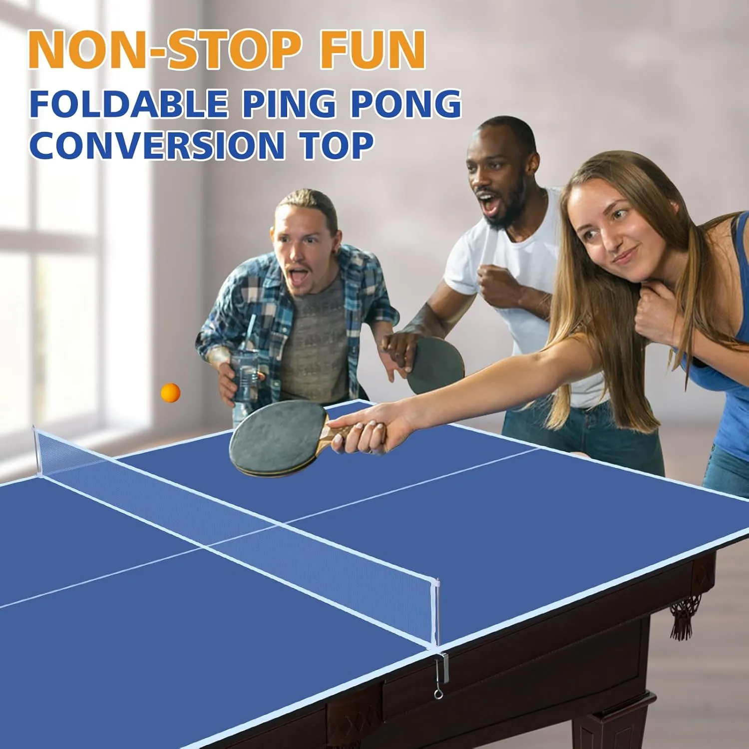 Ping Pong Conversion Top, 8 FT / 9 FT Foldable Table Tennis Topper for Pool & Billiard Tables, 12MM MDF, Compact Storage, Net & Posts Included, Easy Setup, Indoor Use