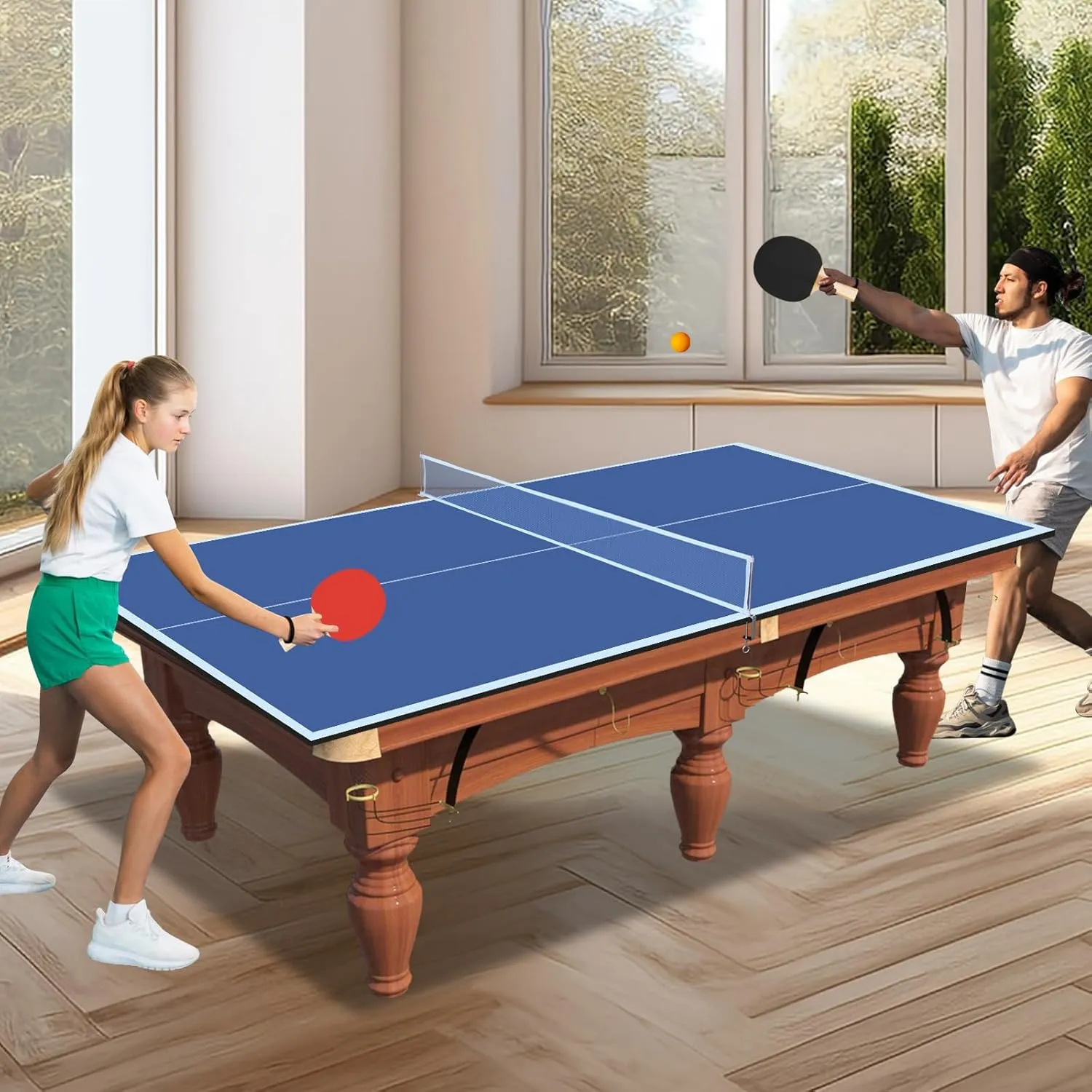 Ping Pong Conversion Top, 8 FT / 9 FT Foldable Table Tennis Topper for Pool & Billiard Tables, 12MM MDF, Compact Storage, Net & Posts Included, Easy Setup, Indoor Use