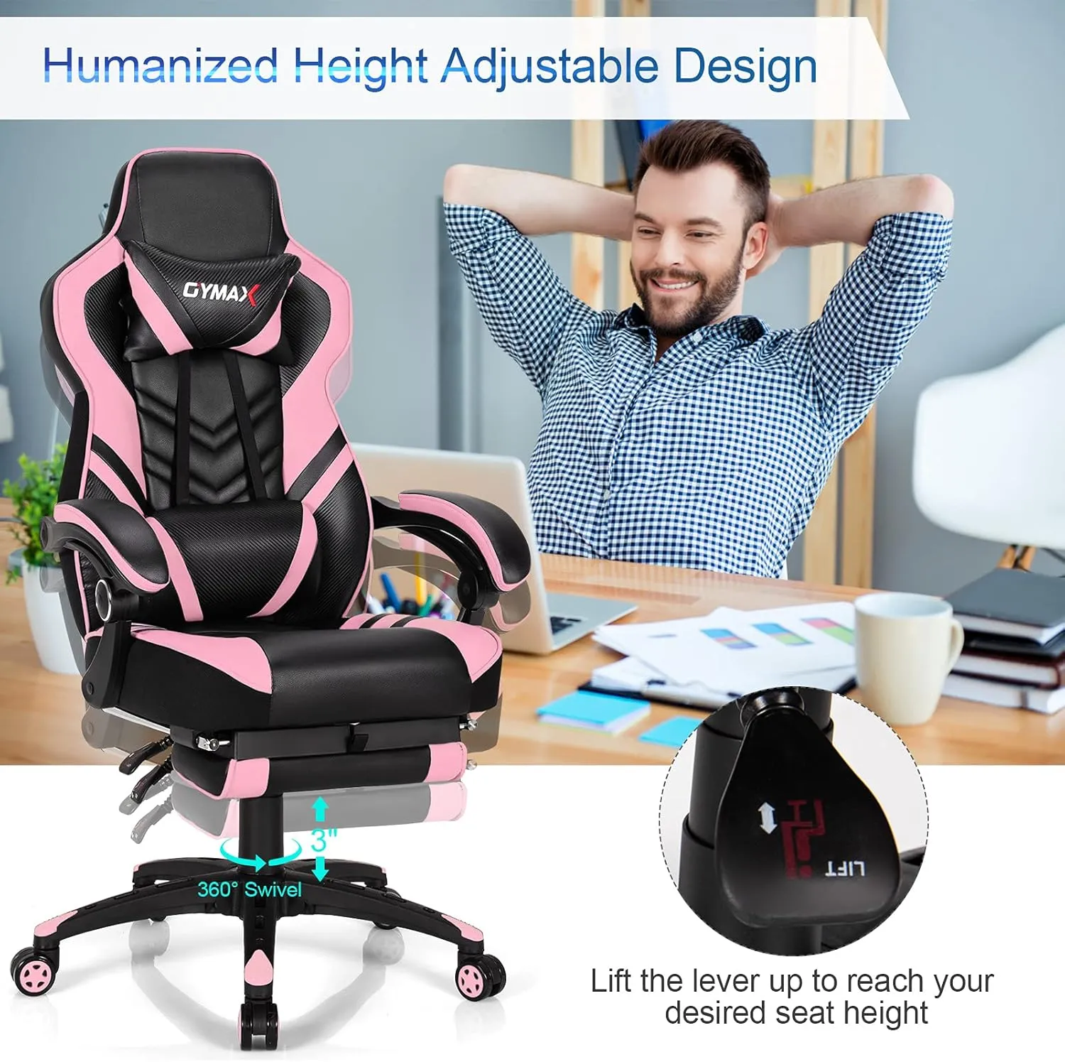 Pink Gaming Chair Ergonomic Computer Chair for Adults Teens Reclining Gamer Chair High Back Game Chair Racing Style Desk Chair with Retractable Footrest, Lumbar Support and Headrest