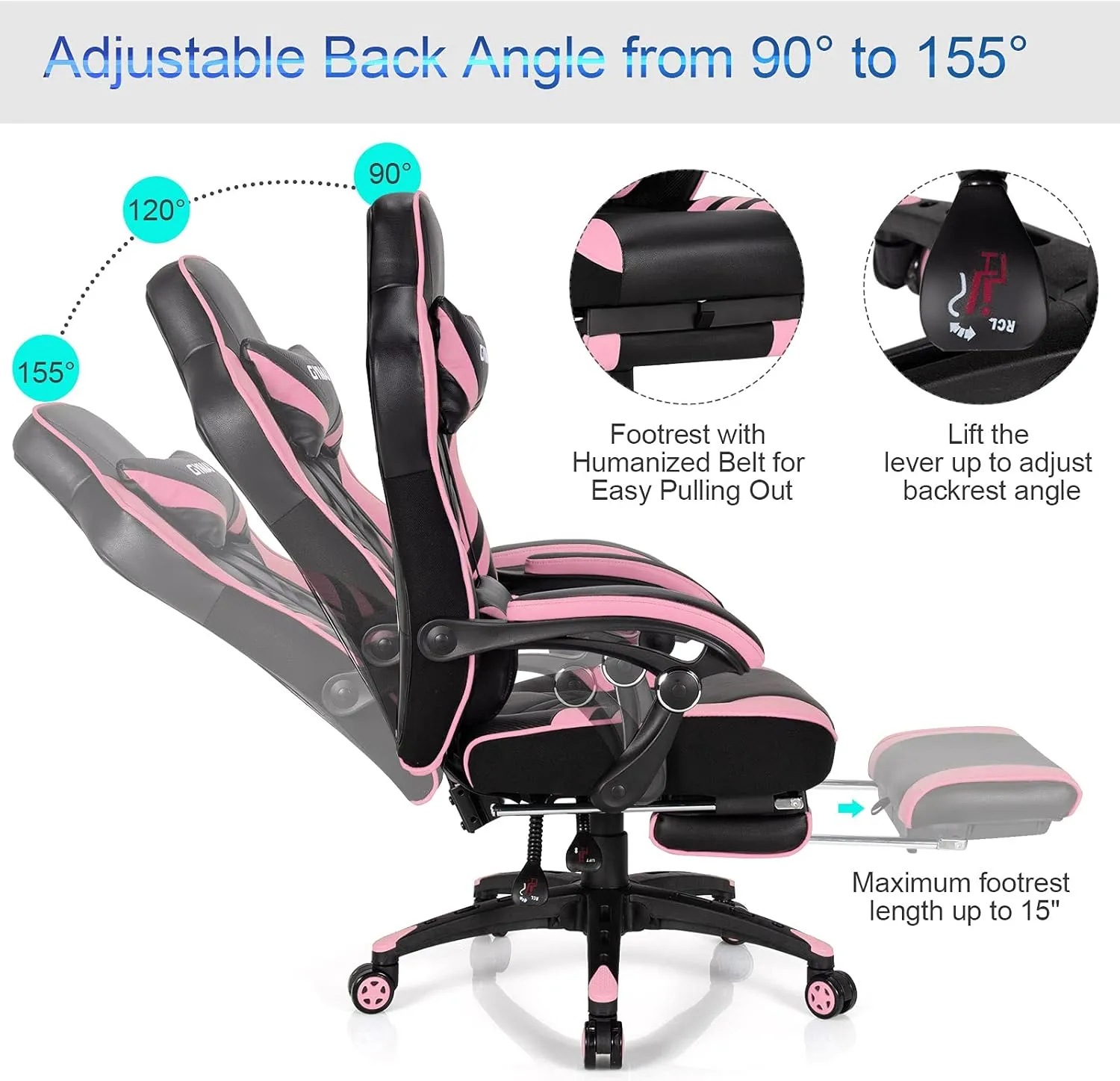Pink Gaming Chair Ergonomic Computer Chair for Adults Teens Reclining Gamer Chair High Back Game Chair Racing Style Desk Chair with Retractable Footrest, Lumbar Support and Headrest