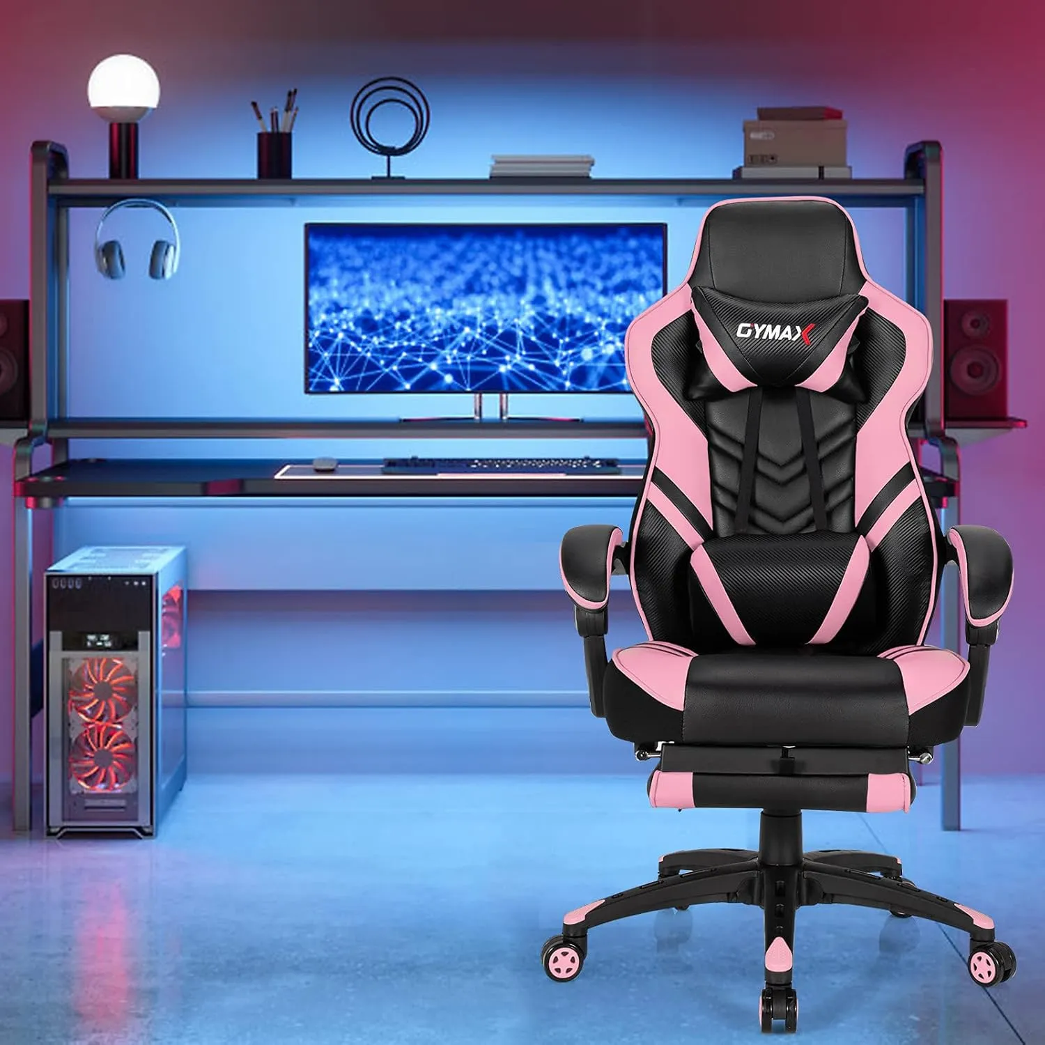 Pink Gaming Chair Ergonomic Computer Chair for Adults Teens Reclining Gamer Chair High Back Game Chair Racing Style Desk Chair with Retractable Footrest, Lumbar Support and Headrest