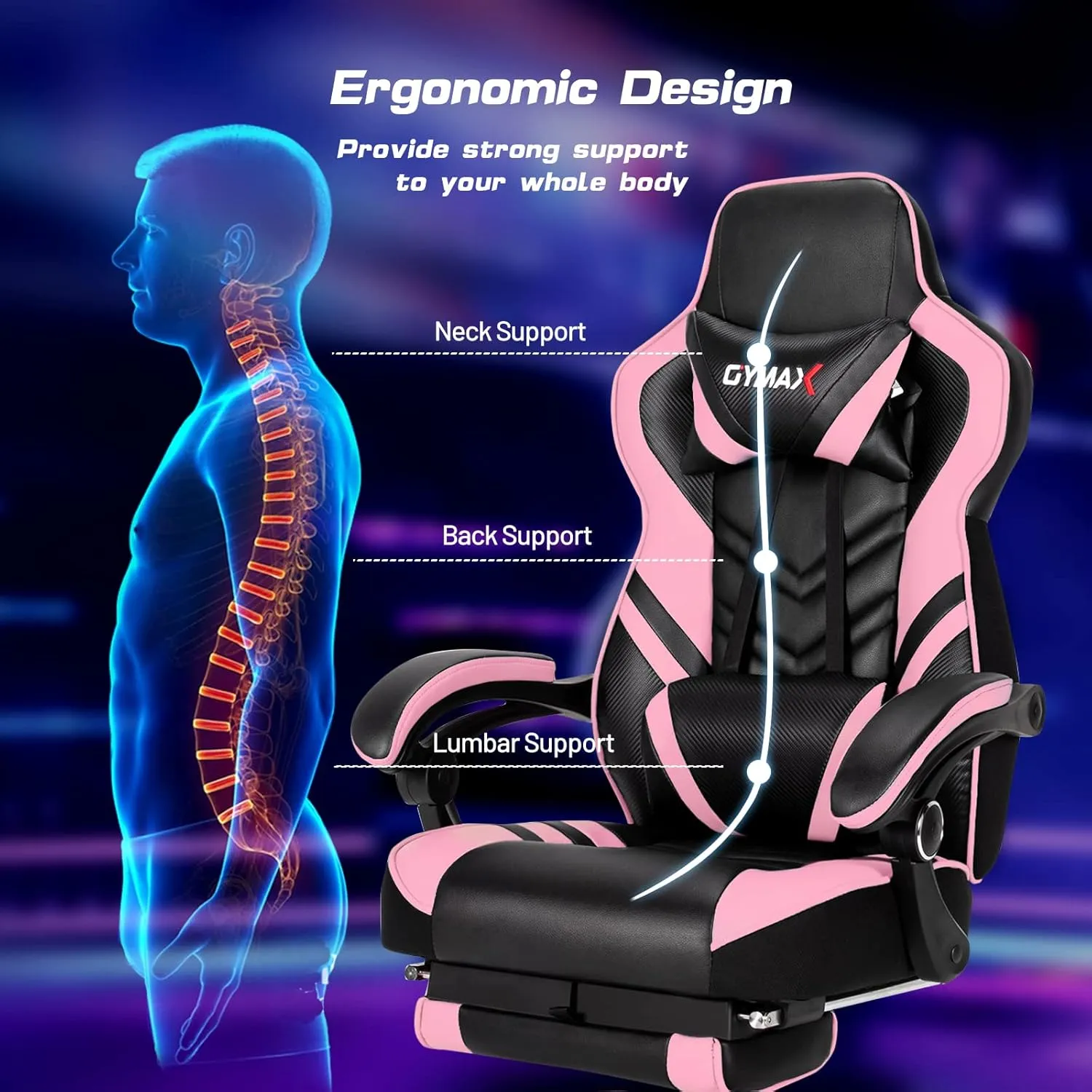 Pink Gaming Chair Ergonomic Computer Chair for Adults Teens Reclining Gamer Chair High Back Game Chair Racing Style Desk Chair with Retractable Footrest, Lumbar Support and Headrest
