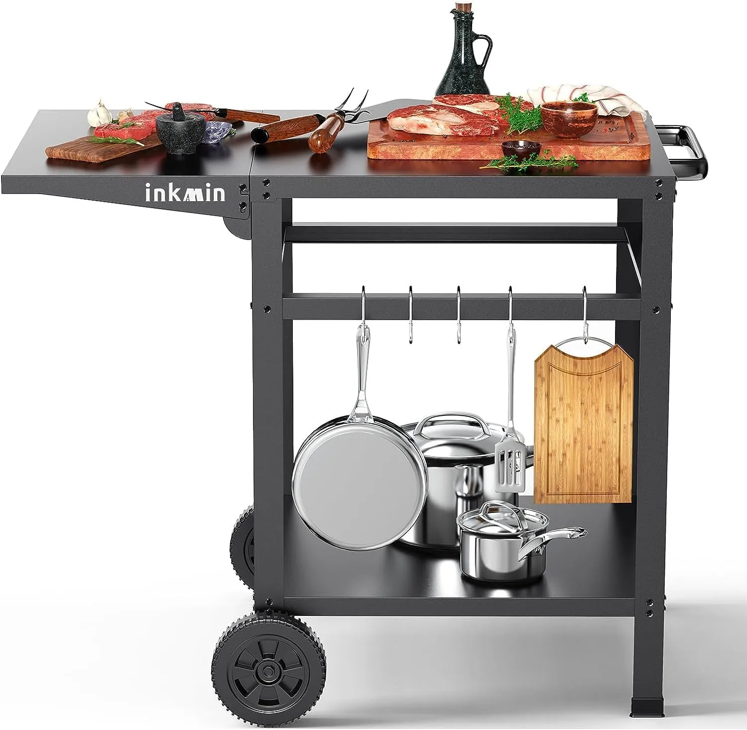 Pizza Oven Cart Table - Outdoor Grill Stand With Double-Shelf, Movable BBQ Table, Stainless Kitchen Food Prep Trolley, Multifunctional Portable Dining Worktable (Double-Deck)