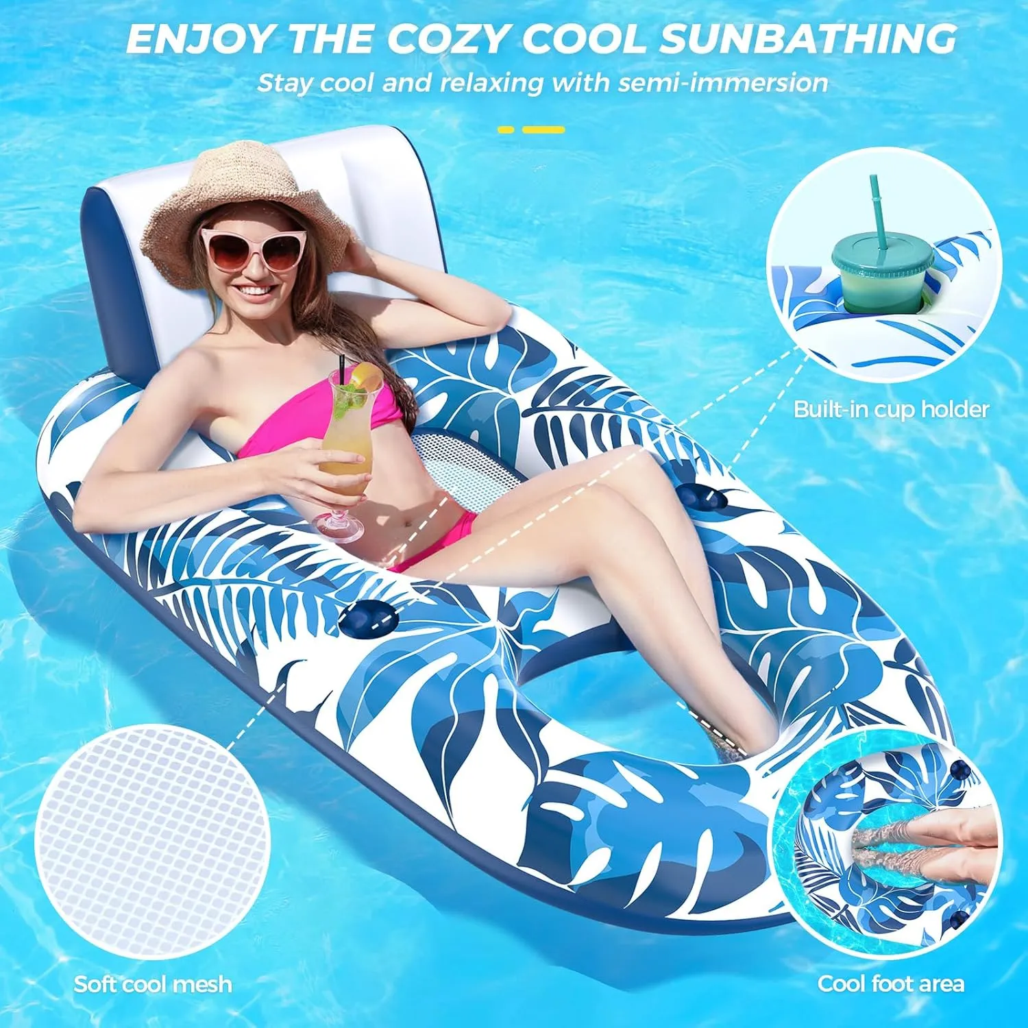 Pool Floats Adult 1-2-3 Person Inflatable Lounger, Extra Large Tanning Recliner Floaty Chair Raft with Backrest, Footrest, Cup Holder for Pool, Lake, River, Beach, Ocean & Party Use