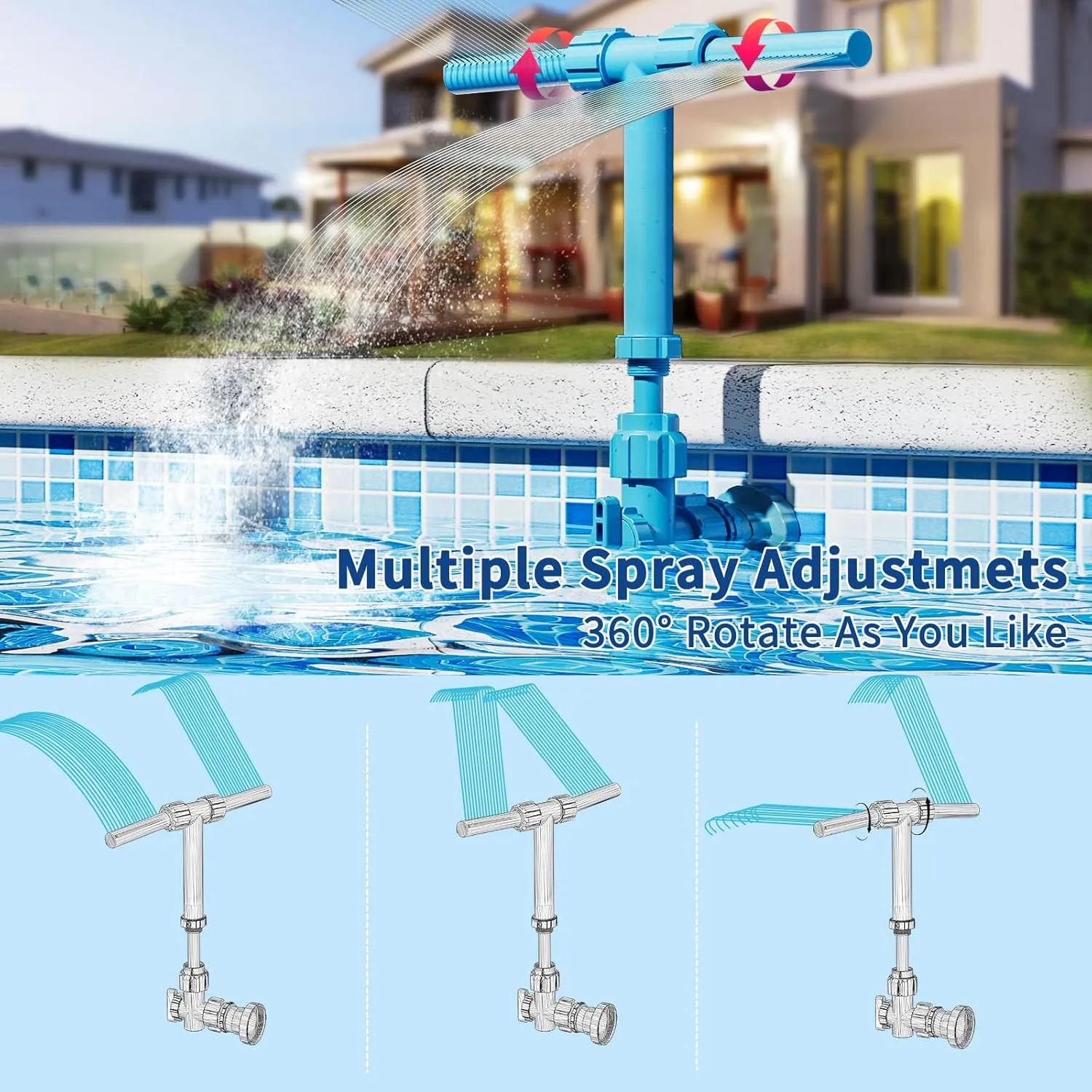 Pool Fountain, 2-in-1 Water Fountains with 360° Adjustable Dual Spray Retractable Height High-Pressure Waterfall Sprinkler for Above Ground/Inground Pool Accessories, Swimming Pool Spa Cooling, Blue