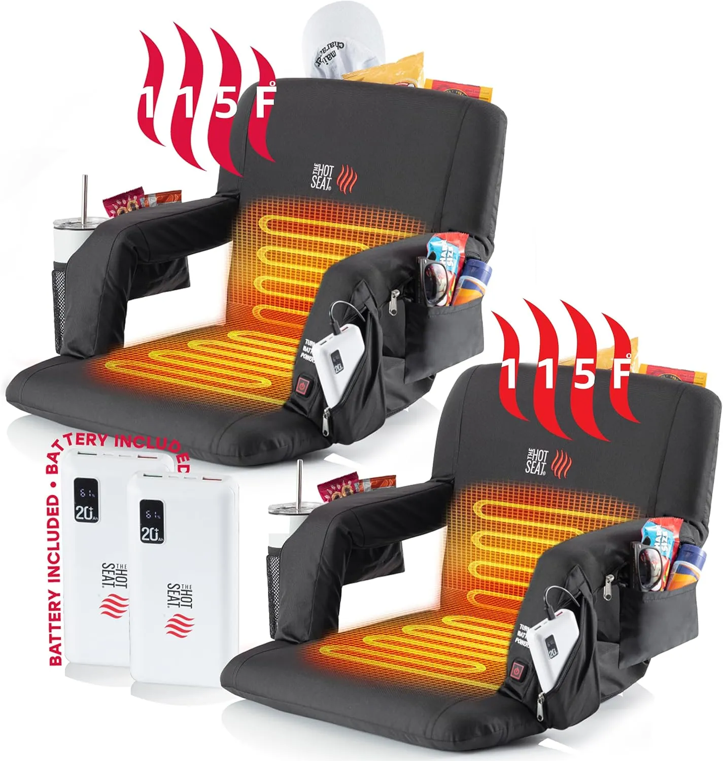 POP The Original Hot Seat, Dual Heat Stadium Chair with Back Support, Heats Seat and Back, 3 Heat Levels, 5 Pockets, 6 Reclining Positions, for Outdoor Sport Events, USB Battery Pack Included