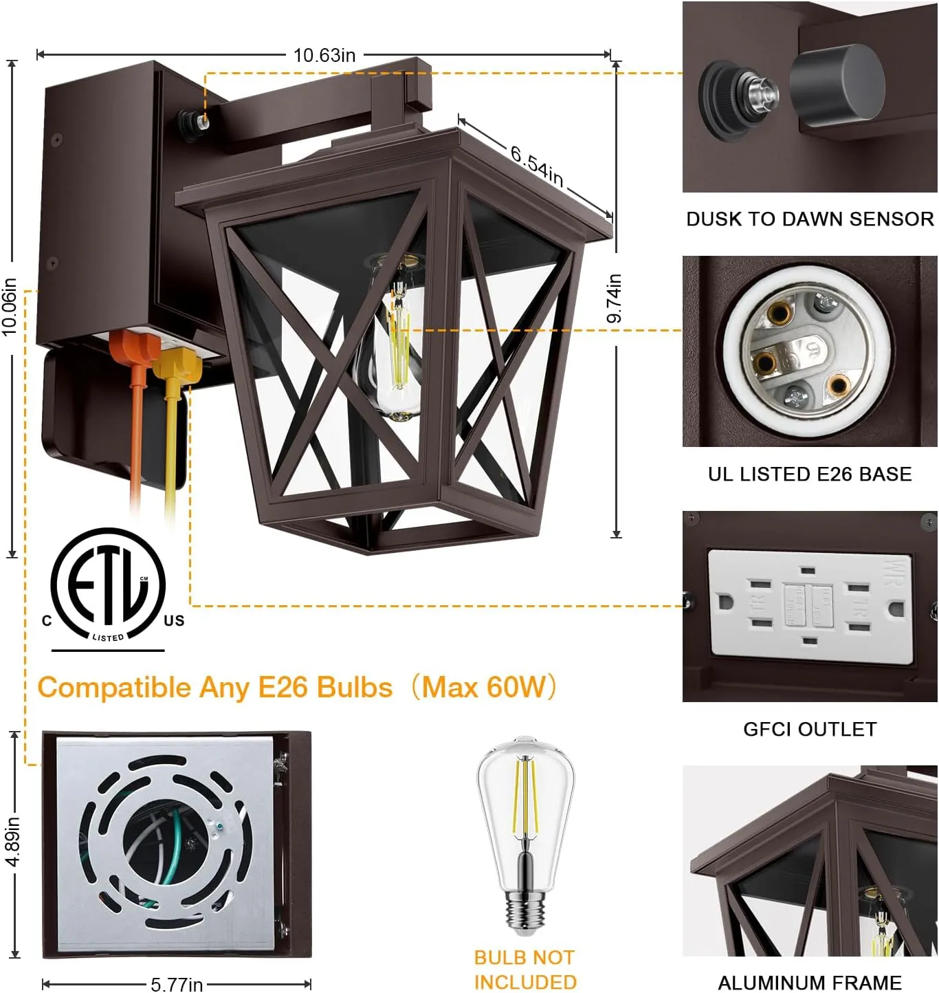 Porch Lights with Dusk to Dawn Sensor, Waterproof Anti-Rust Lantern with GFCI Outlet, Wall Sconce Light for Front Door (Brown 1 PC)