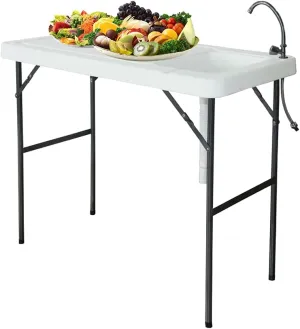 Portable Fish Table with Sink Outside Camping Table with Sink & Faucet, Flodable Picnic Table for Outdoors Portable Table with Sink Fish Fillet Table for Dock Beach Patio Picnic Travel Camping