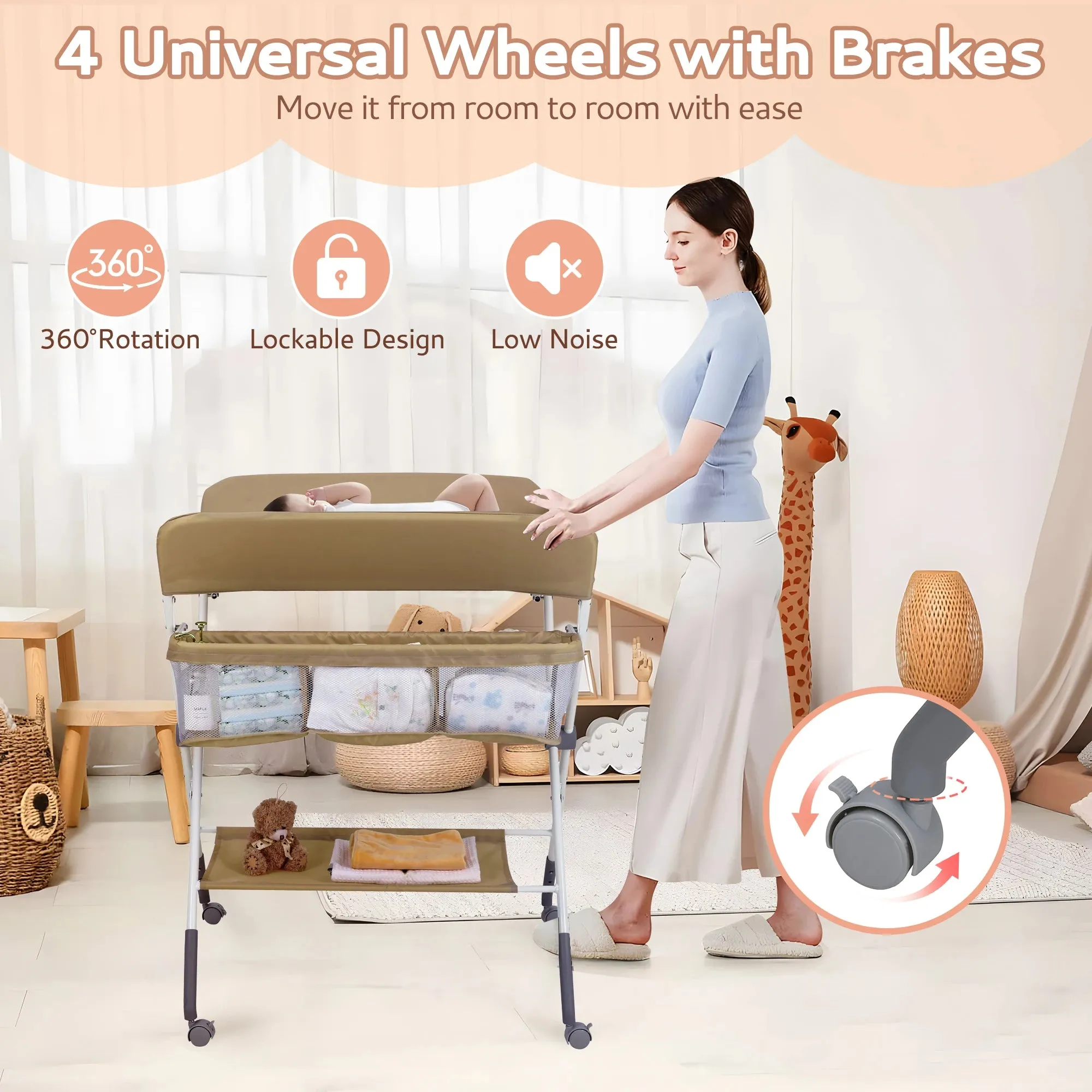 Portable Foldable Waterproof Adjustable Baby Changing Table with Wheels