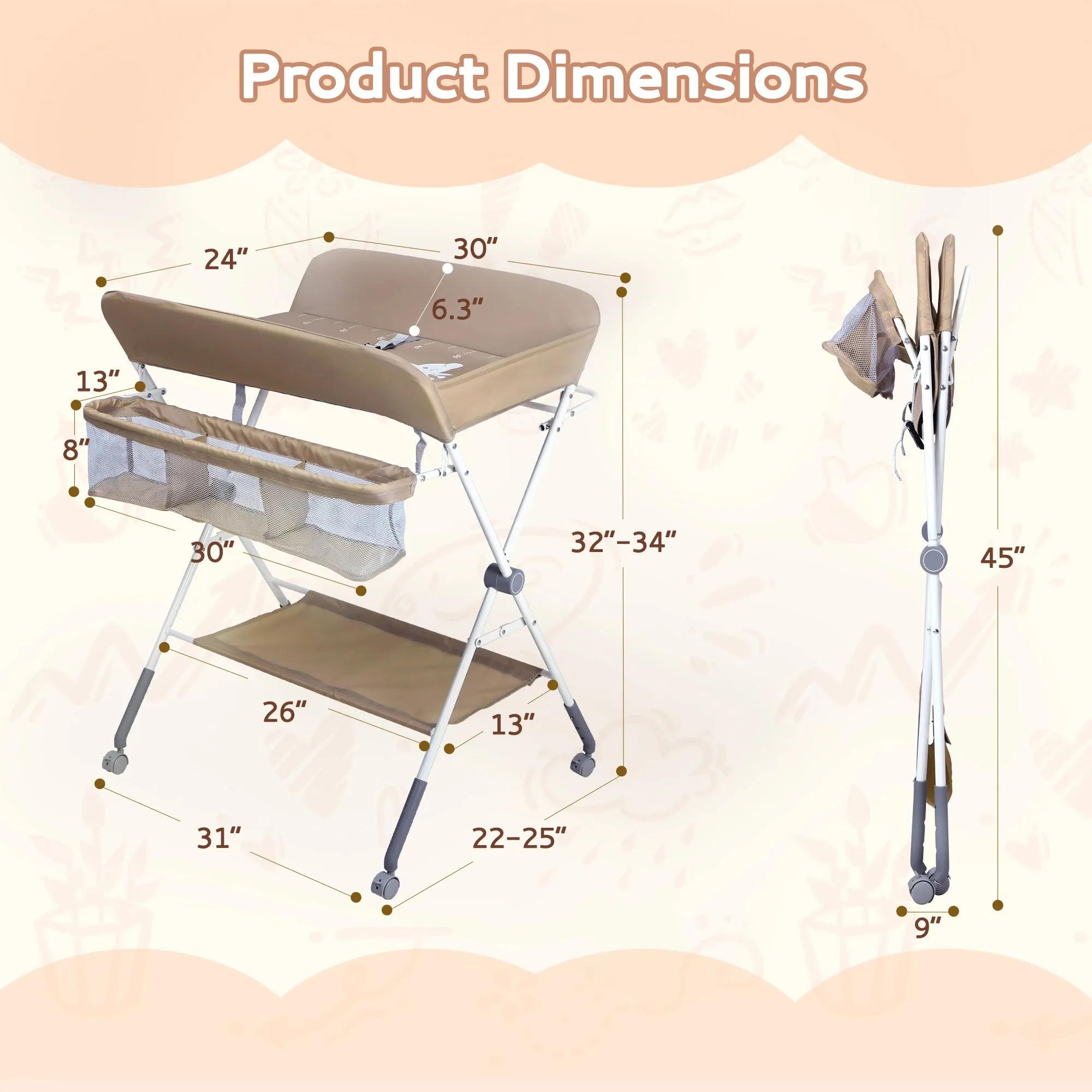Portable Foldable Waterproof Adjustable Baby Changing Table with Wheels