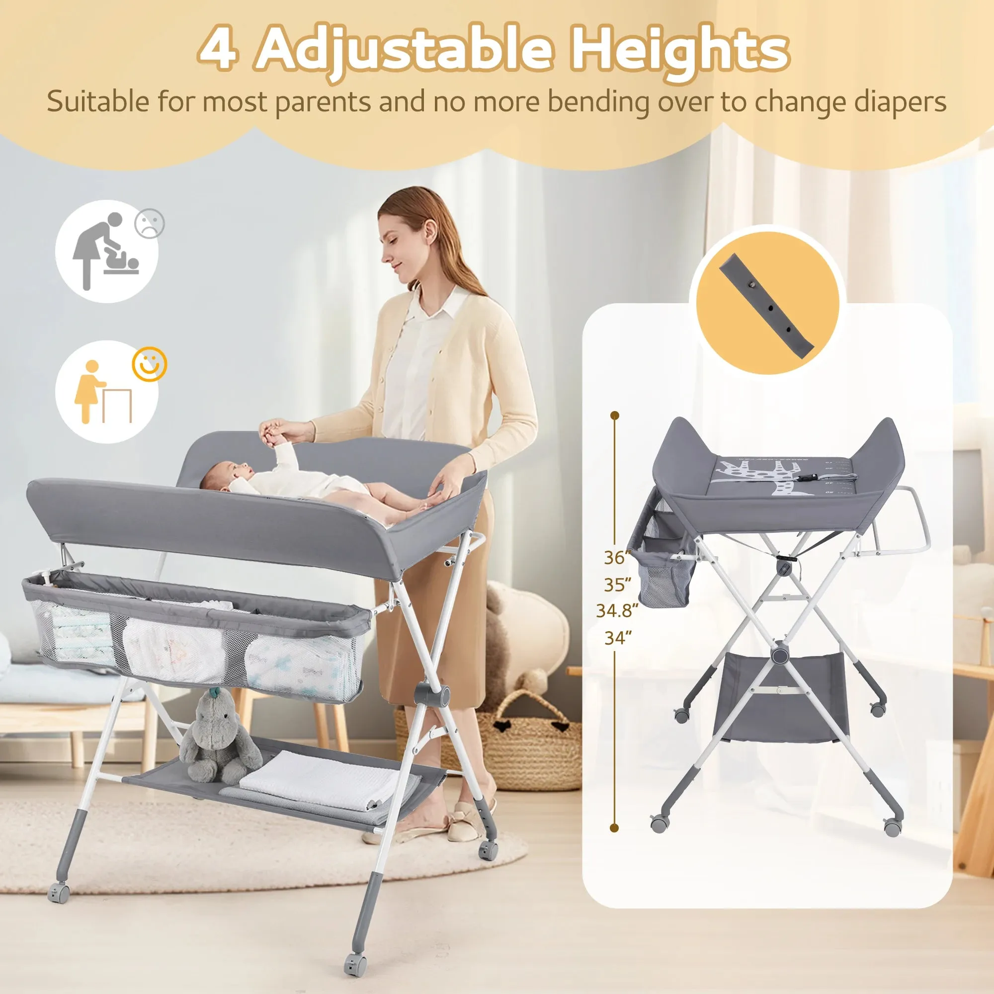 Portable Foldable Waterproof Adjustable Baby Changing Table with Wheels