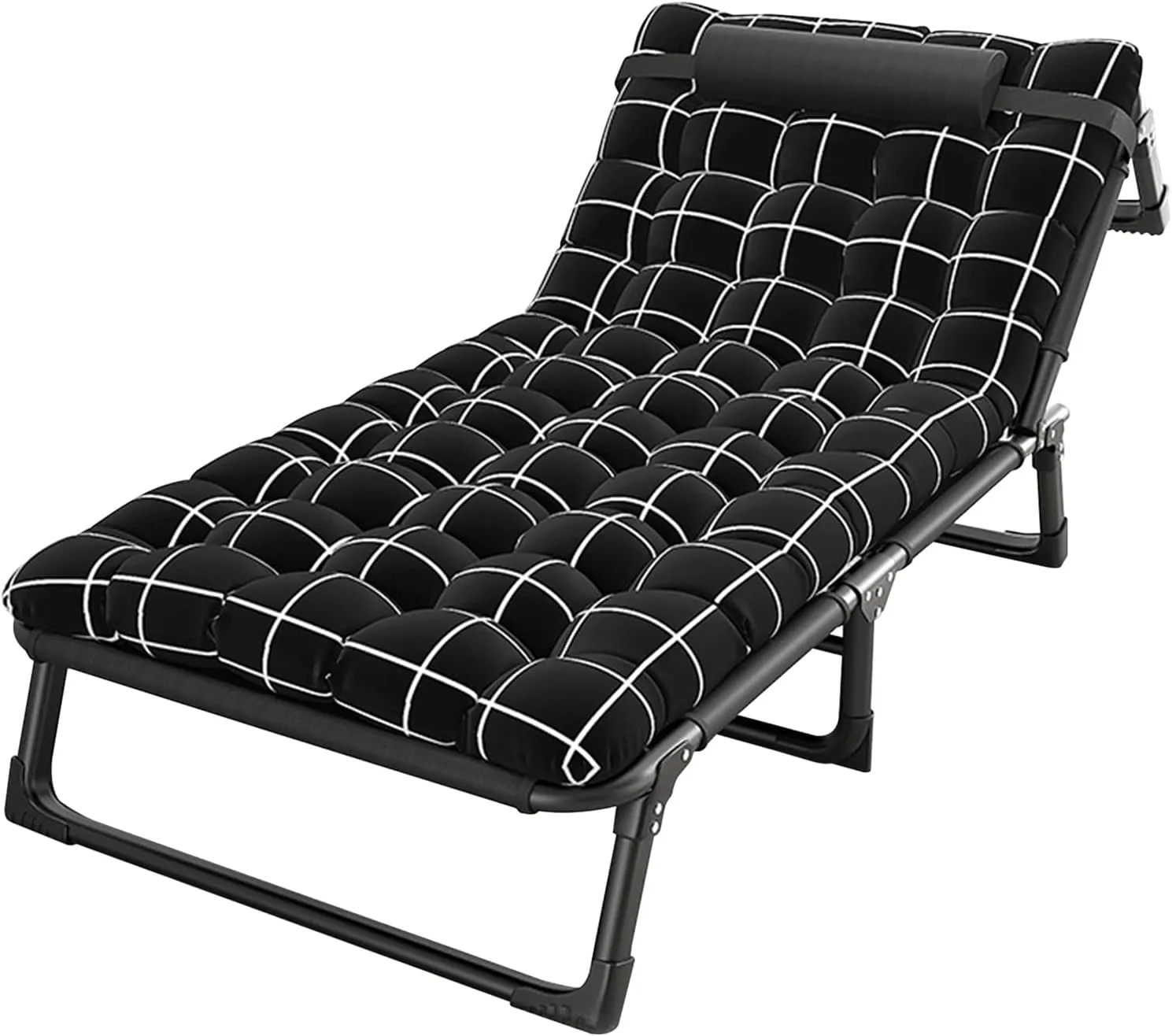 Portable Folding Camping Cot, Adjustable 4-Position Adults Reclining Folding Chaise with Pillow, Outdoor Lounge Chair Sleeping Cot Bed, Perfect for Office, Pool, Beach, Patio 75cm