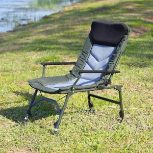 Portable Reclining Camping Chair w/Adjustable Backrest - Folding Lounge Chair for Indoor/Outdoor, Camping, Beach, Fishing - Green Black Grey (35.43"x24.61"x34.25")