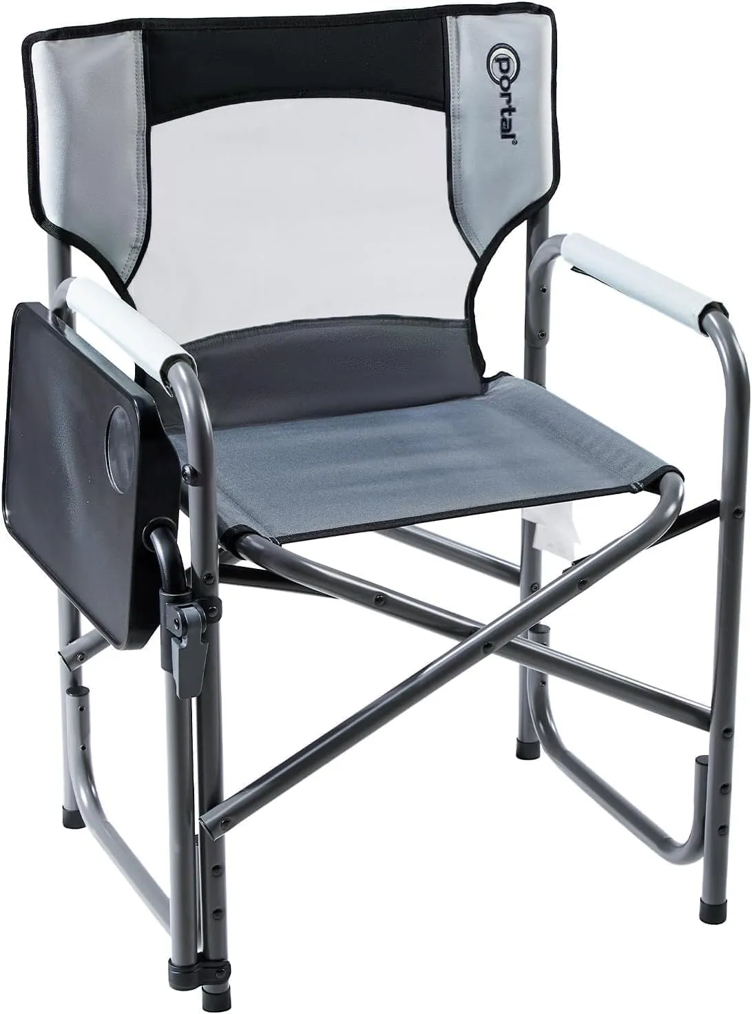 PORTAL Tablet Table Camping Directors Chair, Foldable Camp Chair with 2-Way Rotatable Side Table, Outdoor Folding Chairs for Adults, Heavy Duty Supports 300LBS for Lawn Patio Beach, Grey