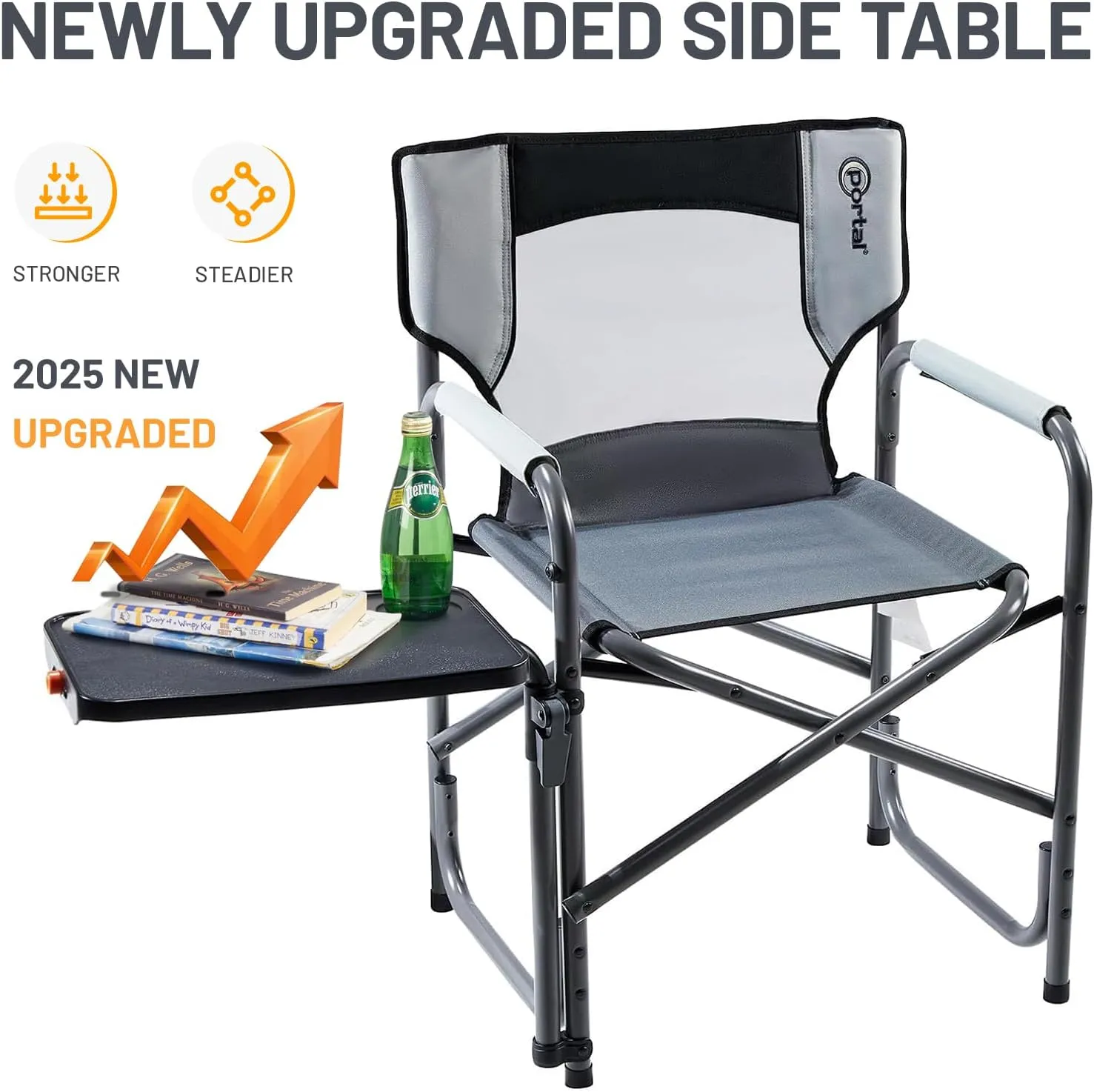 PORTAL Tablet Table Camping Directors Chair, Foldable Camp Chair with 2-Way Rotatable Side Table, Outdoor Folding Chairs for Adults, Heavy Duty Supports 300LBS for Lawn Patio Beach, Grey