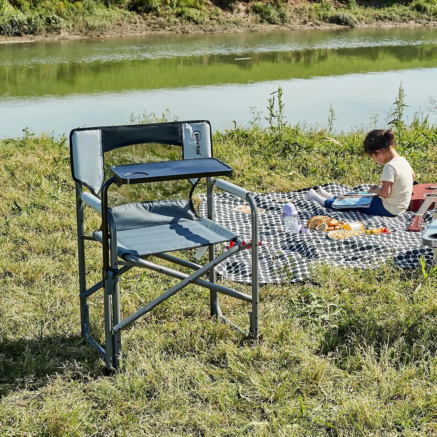 PORTAL Tablet Table Camping Directors Chair, Foldable Camp Chair with 2-Way Rotatable Side Table, Outdoor Folding Chairs for Adults, Heavy Duty Supports 300LBS for Lawn Patio Beach, Grey