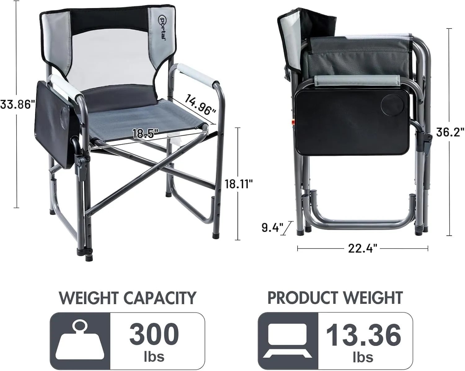 PORTAL Tablet Table Camping Directors Chair, Foldable Camp Chair with 2-Way Rotatable Side Table, Outdoor Folding Chairs for Adults, Heavy Duty Supports 300LBS for Lawn Patio Beach, Grey