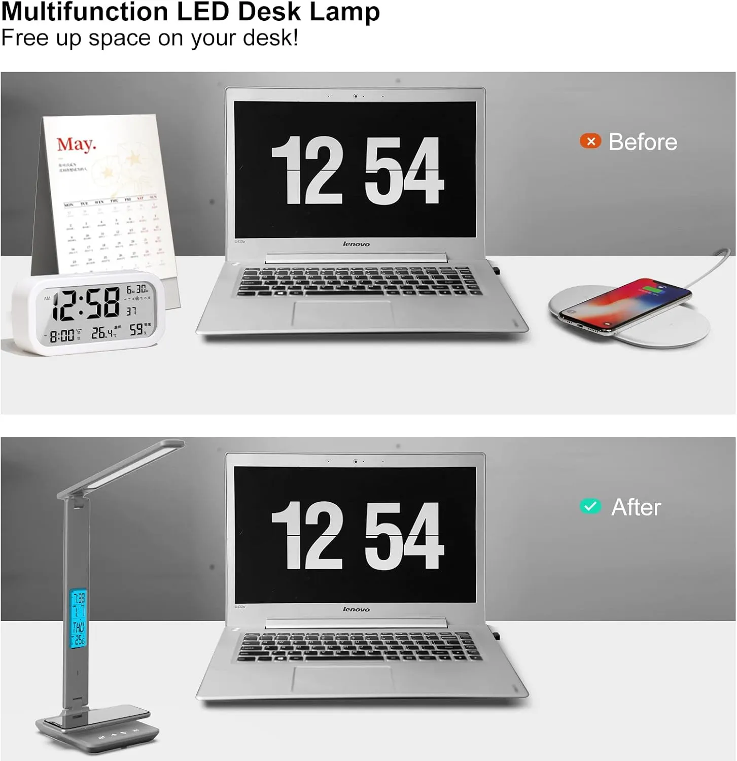 poukaran Desk Lamp, LED Desk Lamp with Wireless Charger, USB Charging Port, Table Lamp with Clock, Alarm, Date, Temperature, Office Lamp, Desk Lamps for Home Office, Grey