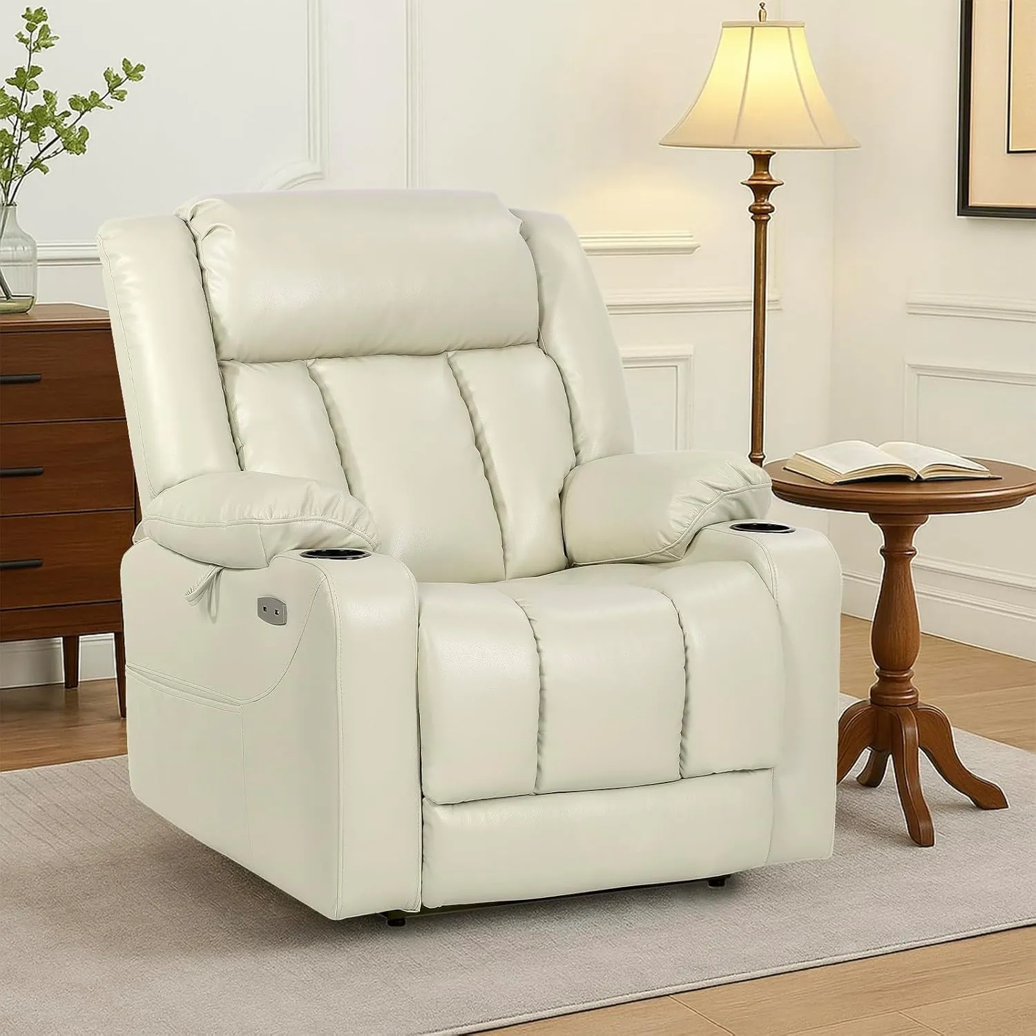 Power Lift Recliner Chair for Elderly, Power Recliner Sofa Lift Chair with Heat and Massage, with Cup Holder, Cream White