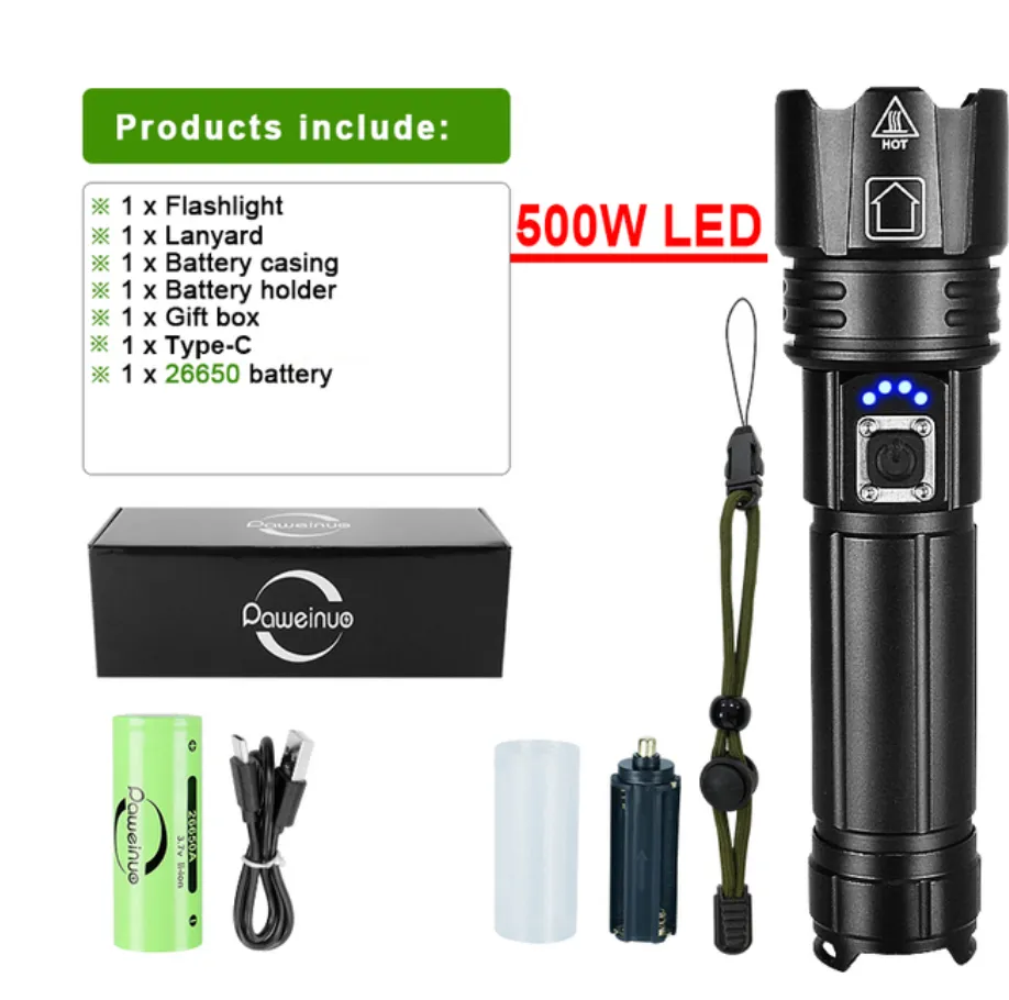 Powerful LED Flashlight 500W Recharageable
