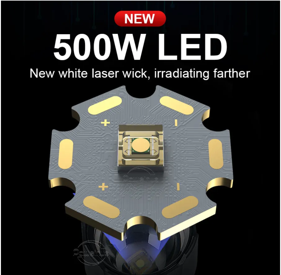 Powerful LED Flashlight 500W Recharageable
