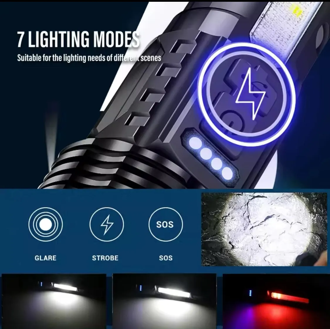 Powerful Tactical Zoom Flashlight Waterproof 18650 Torch LED Light 7 Modes