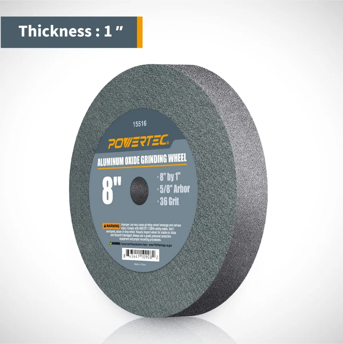 POWERTEC Bench Grinder Wheel 8 Inch 36 Grit, Aluminum Oxide Grinding Wheel for Bench Pedestal Grinder, 1" Thick 5/8" Arbor, Sharpening & Shaping Drill Bits, Blade, and Chisel 1PK (15516)